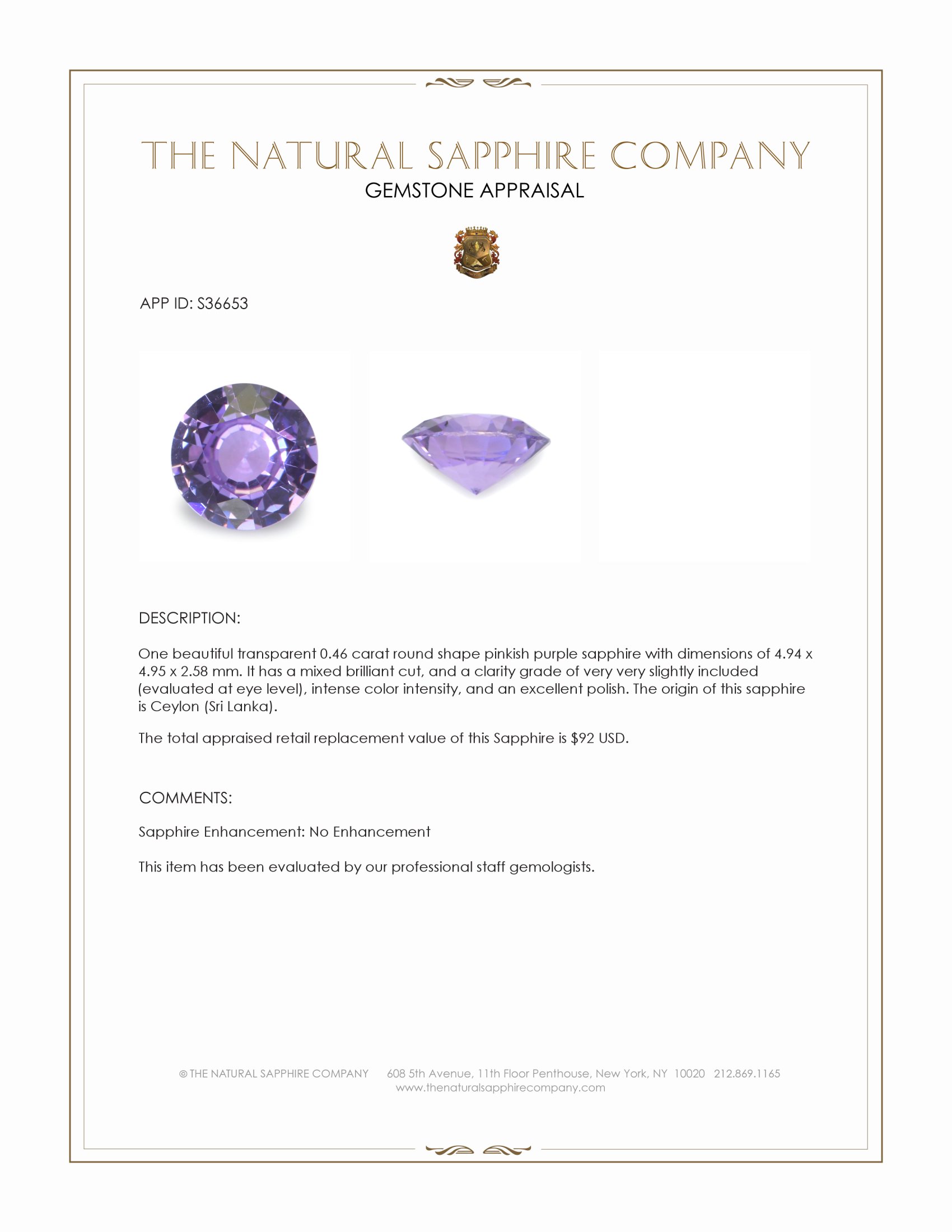 0.46 Ct. Pinkish Purple Sapphire from Ceylon (Sri Lanka)