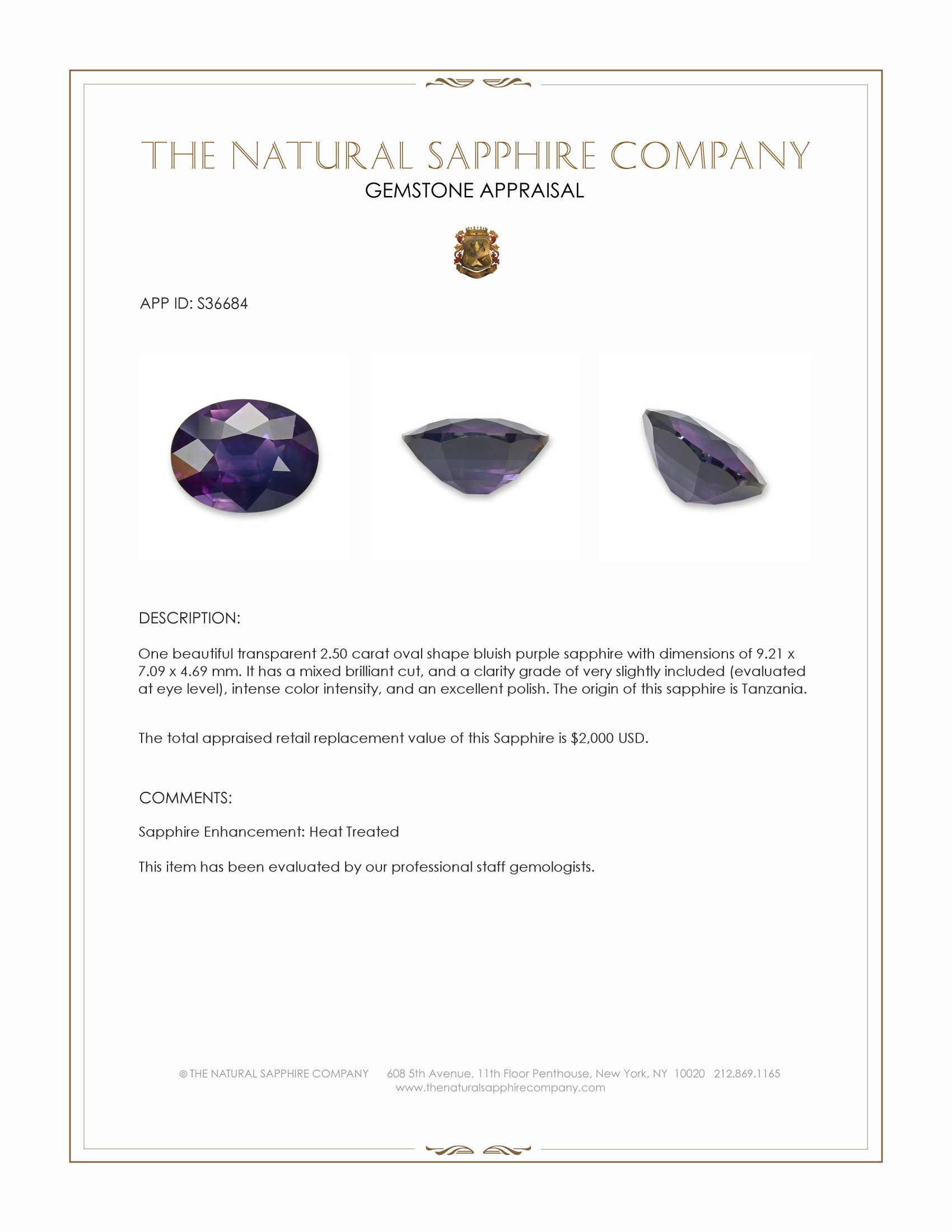 2.50 Ct. Bluish Purple Sapphire from Tanzania