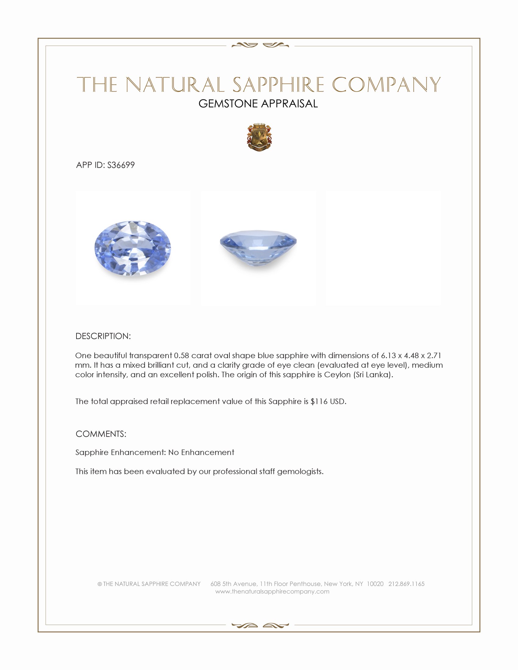 0.58 Ct. Blue Sapphire from Ceylon (Sri Lanka)
