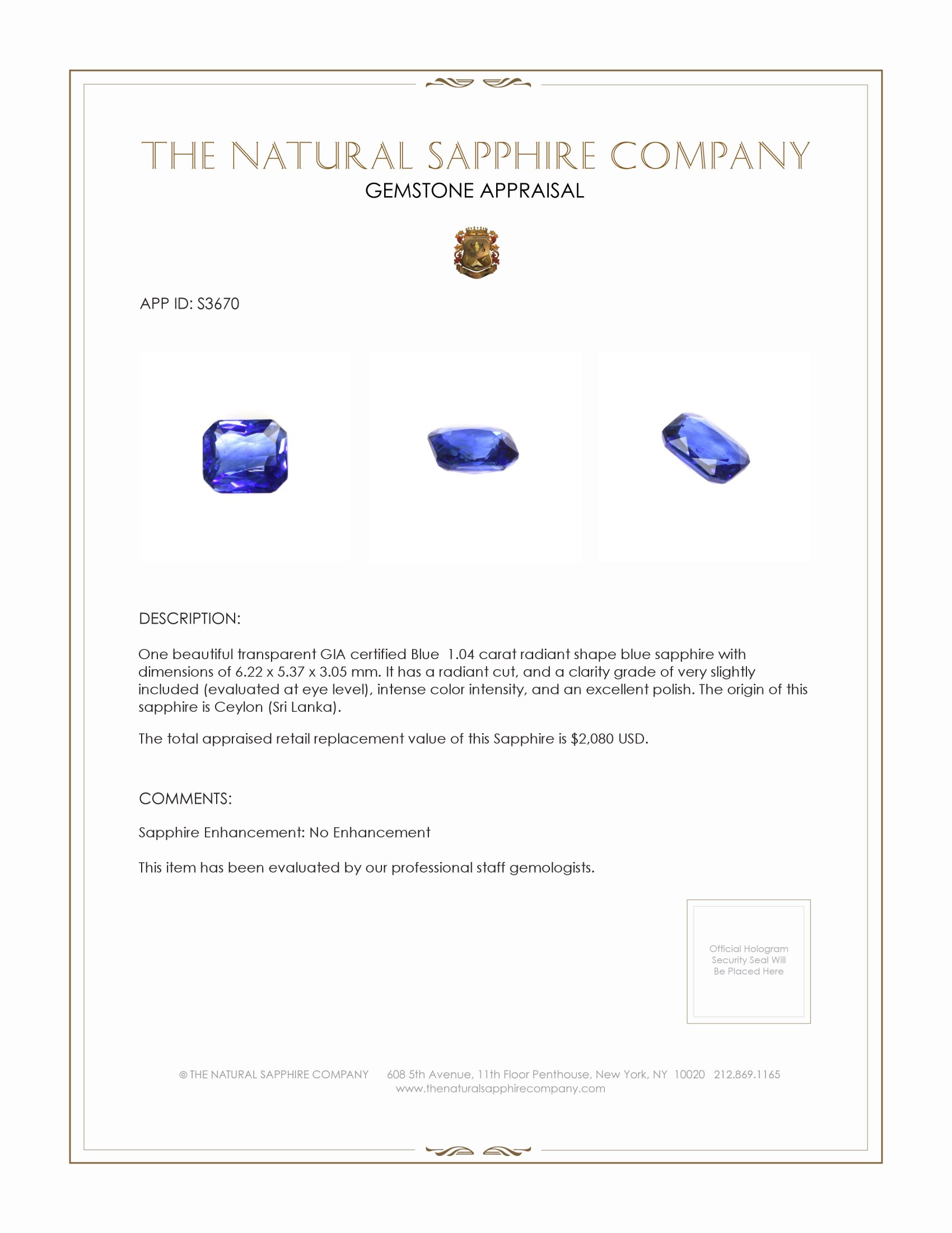 1.04 Ct. Blue Sapphire from Ceylon (Sri Lanka)