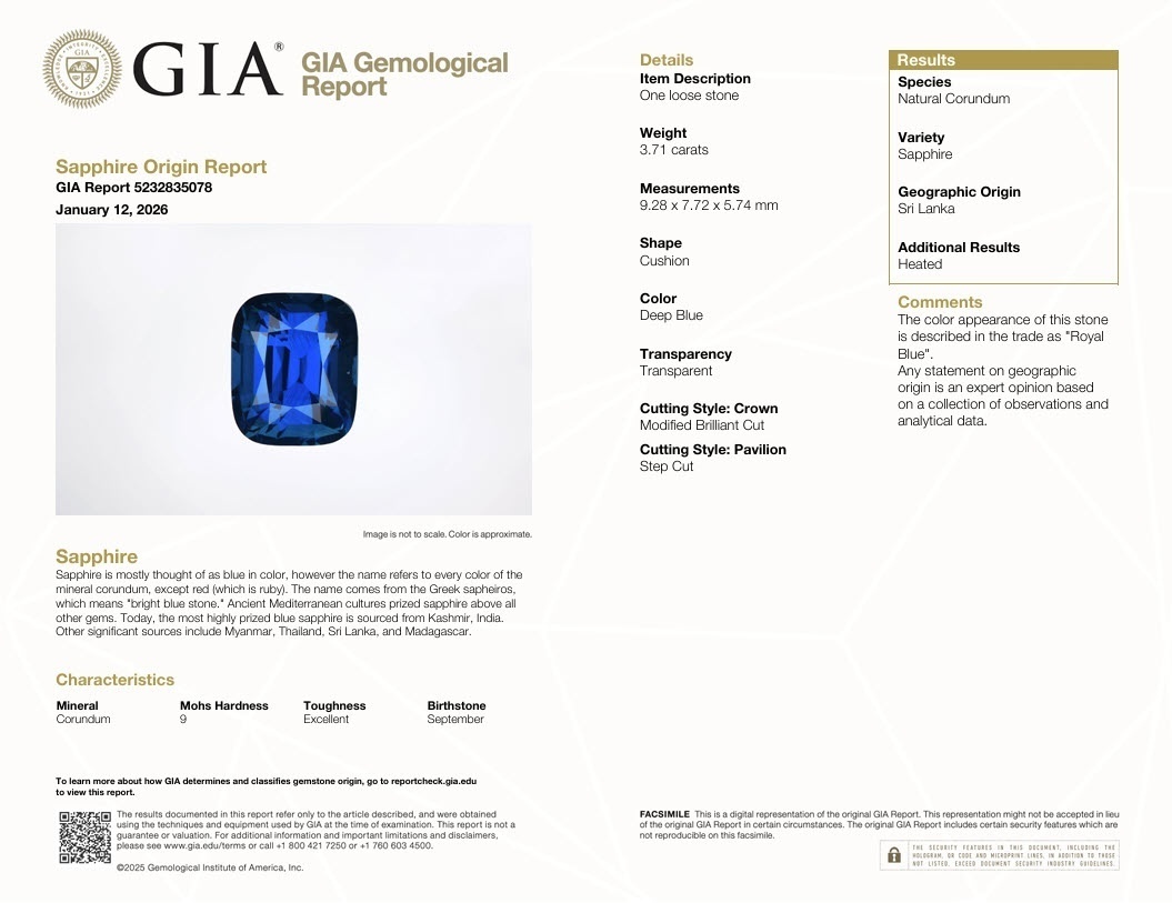 3.71 Ct. Blue Sapphire from Ceylon (Sri Lanka)