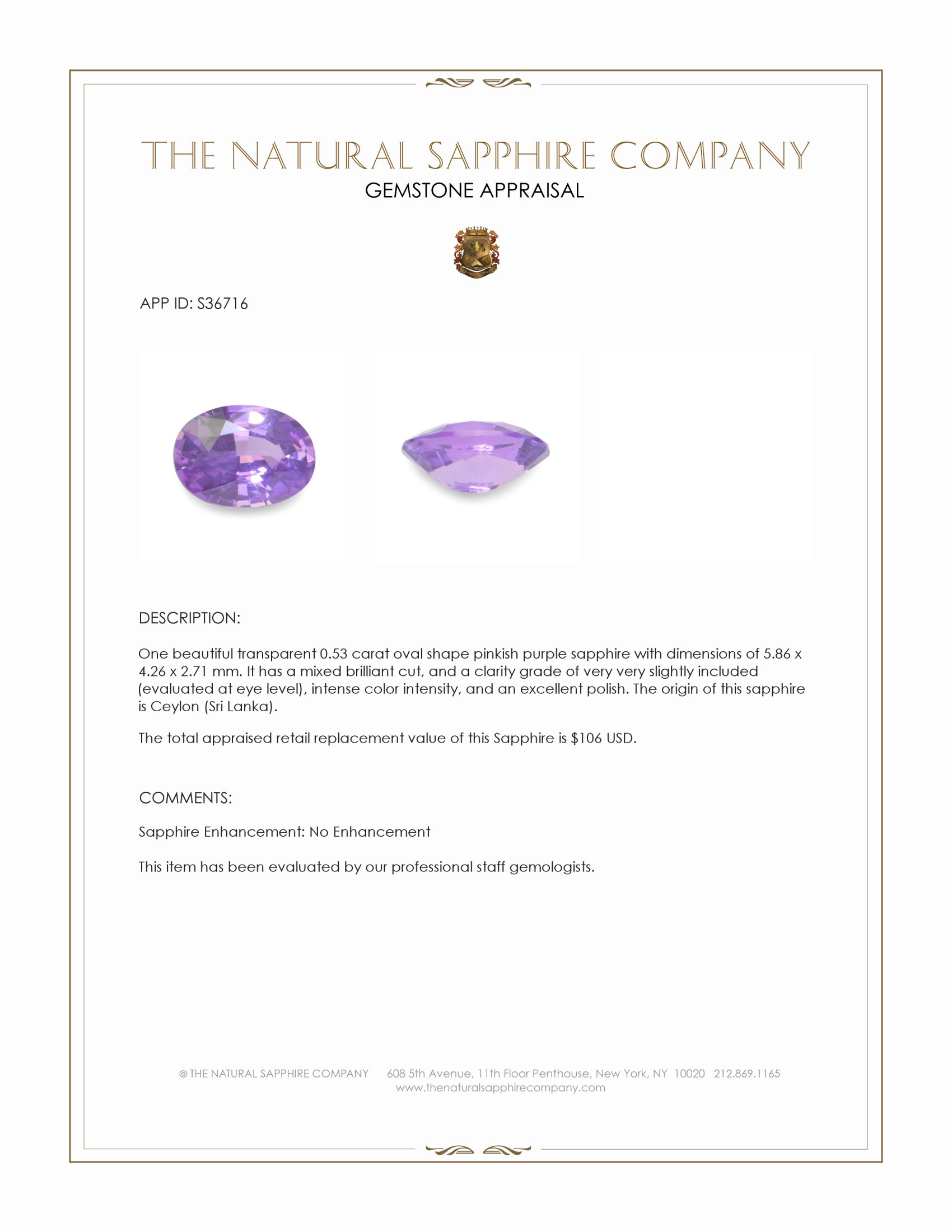 0.53 Ct. Pinkish Purple Sapphire from Ceylon (Sri Lanka)
