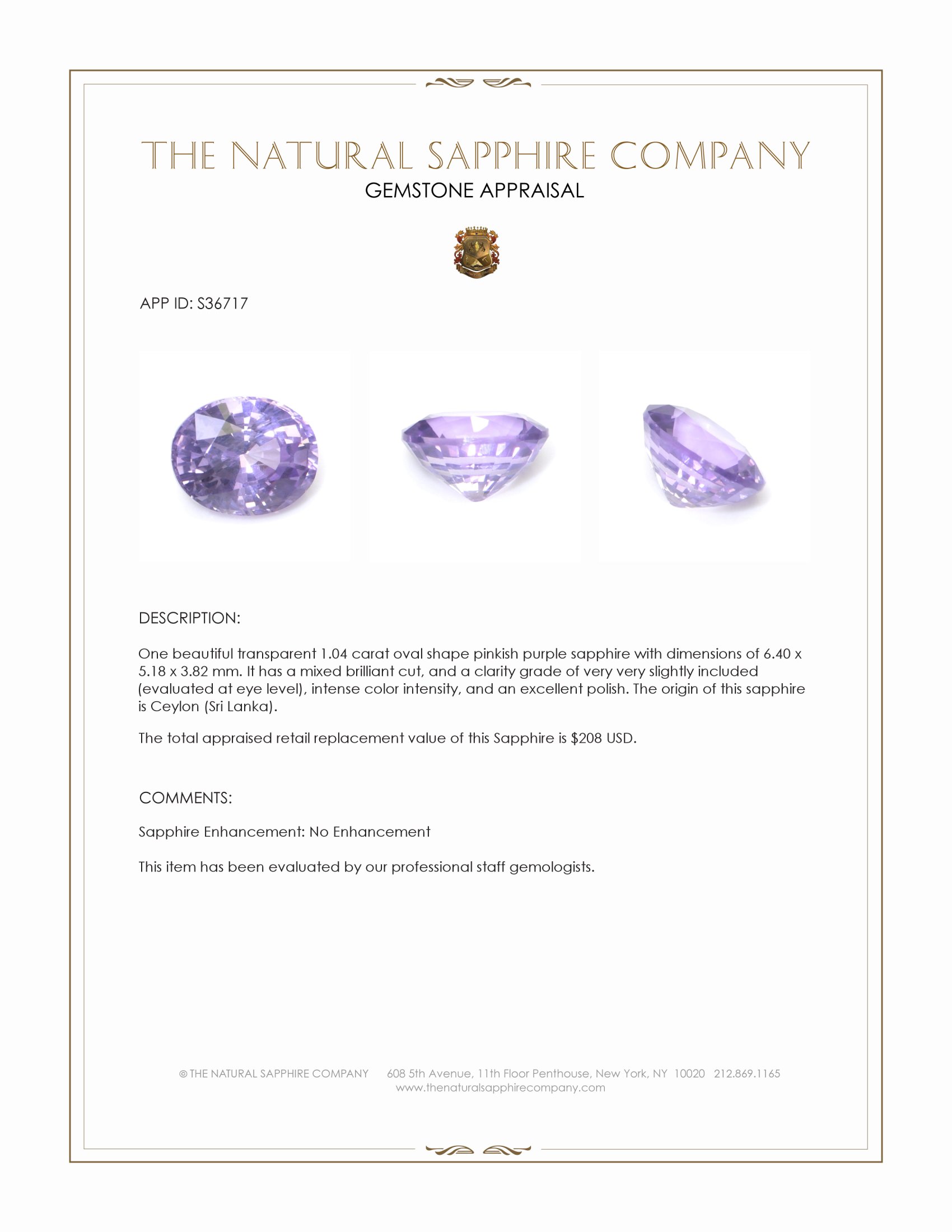 1.04 Ct. Pinkish Purple Sapphire from Ceylon (Sri Lanka)