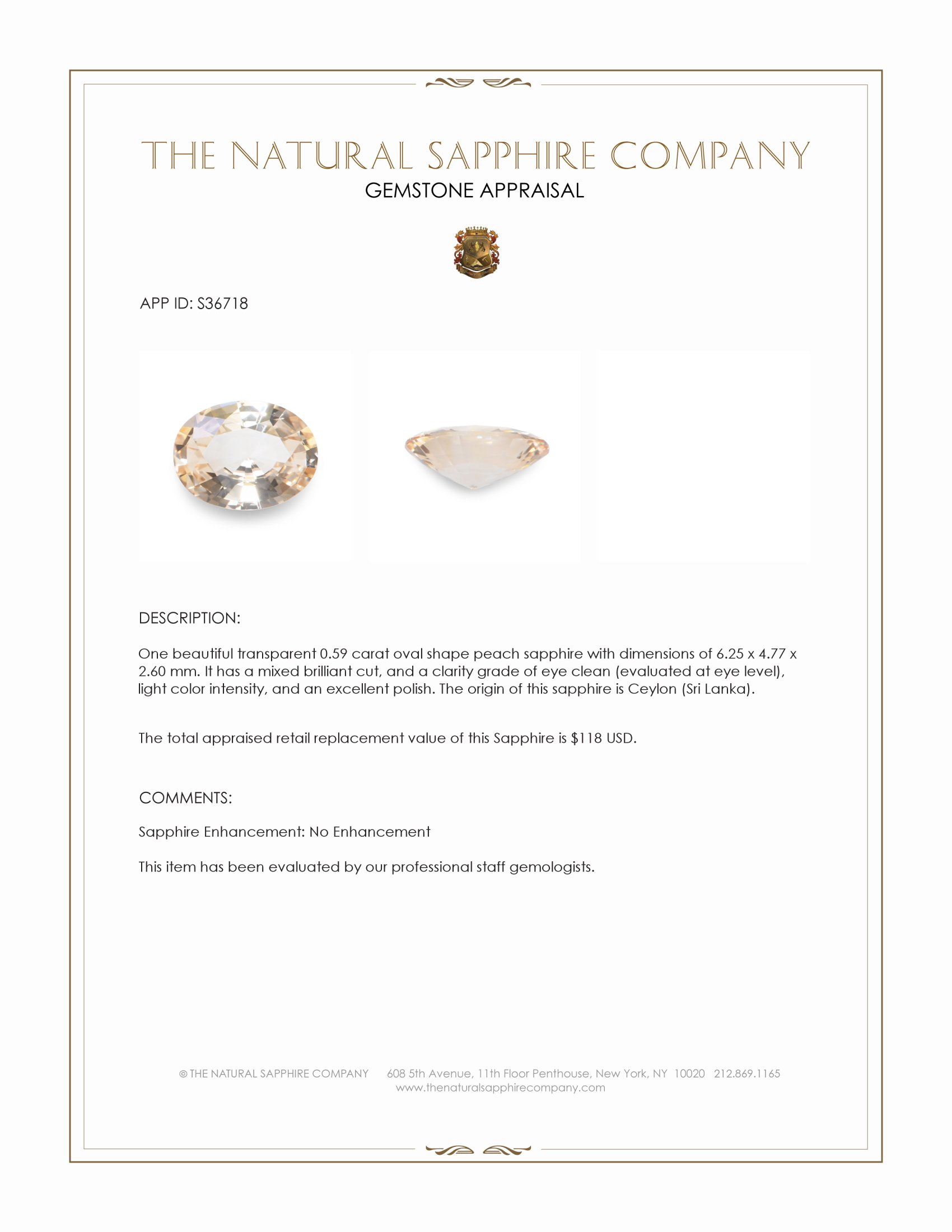 0.59 Ct. Peach Sapphire from Ceylon (Sri Lanka)