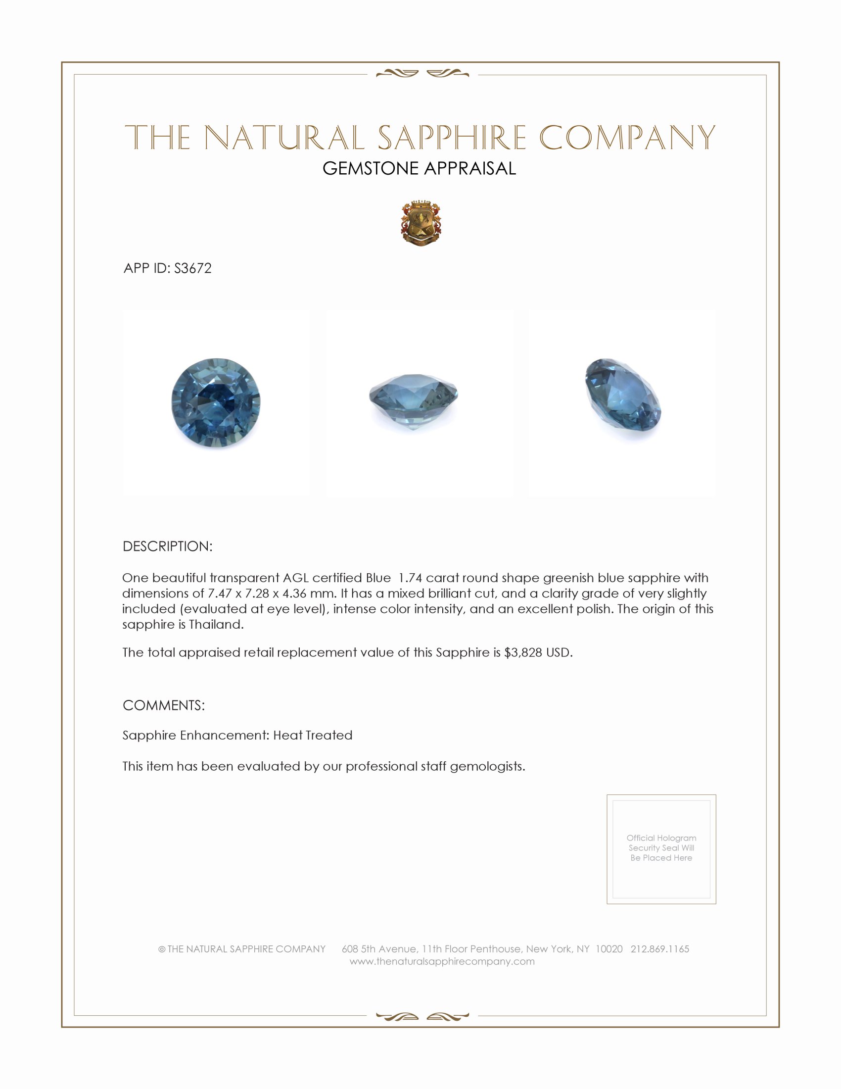 1.74 Ct. Greenish Blue Sapphire from Thailand