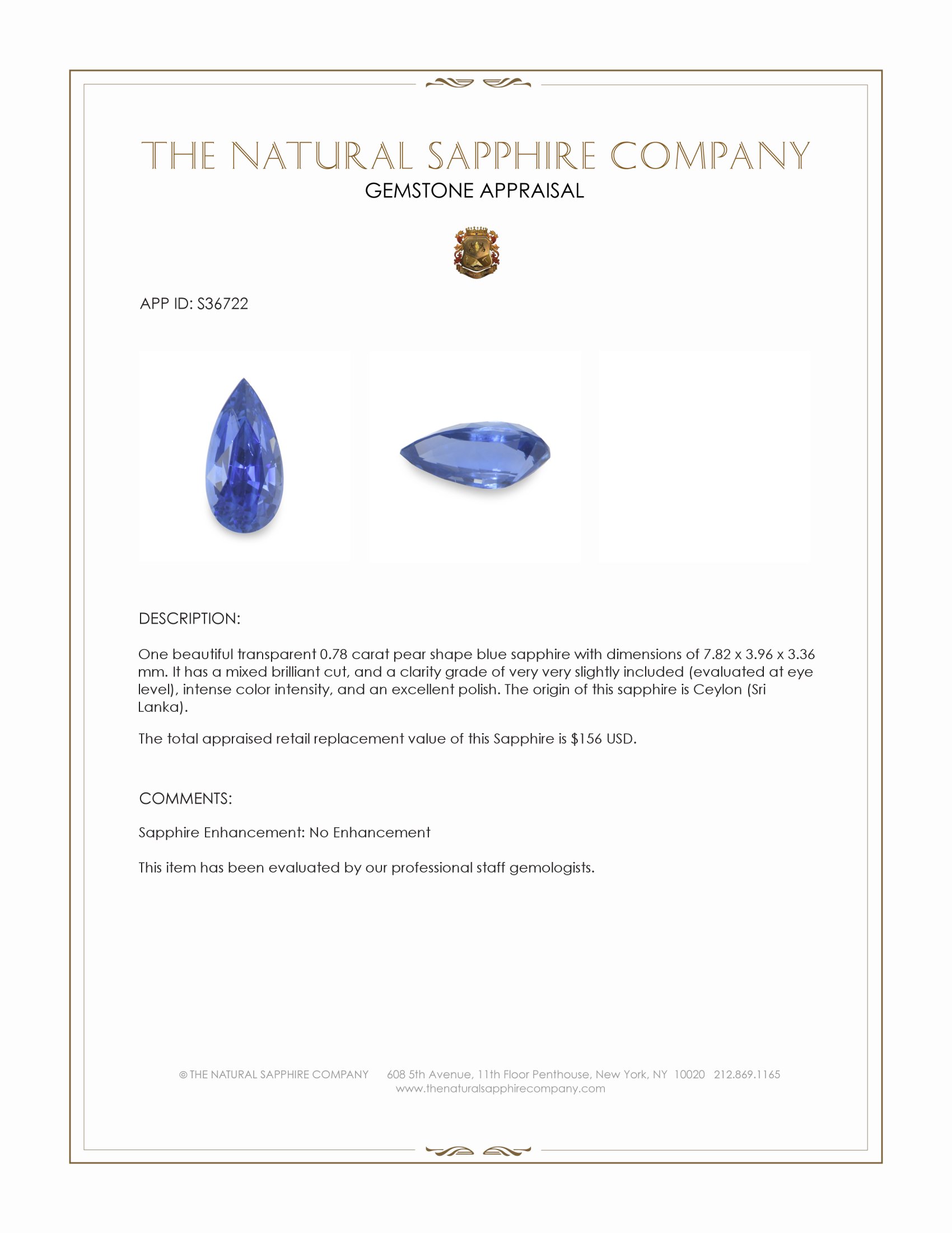 0.78 Ct. Blue Sapphire from Ceylon (Sri Lanka)