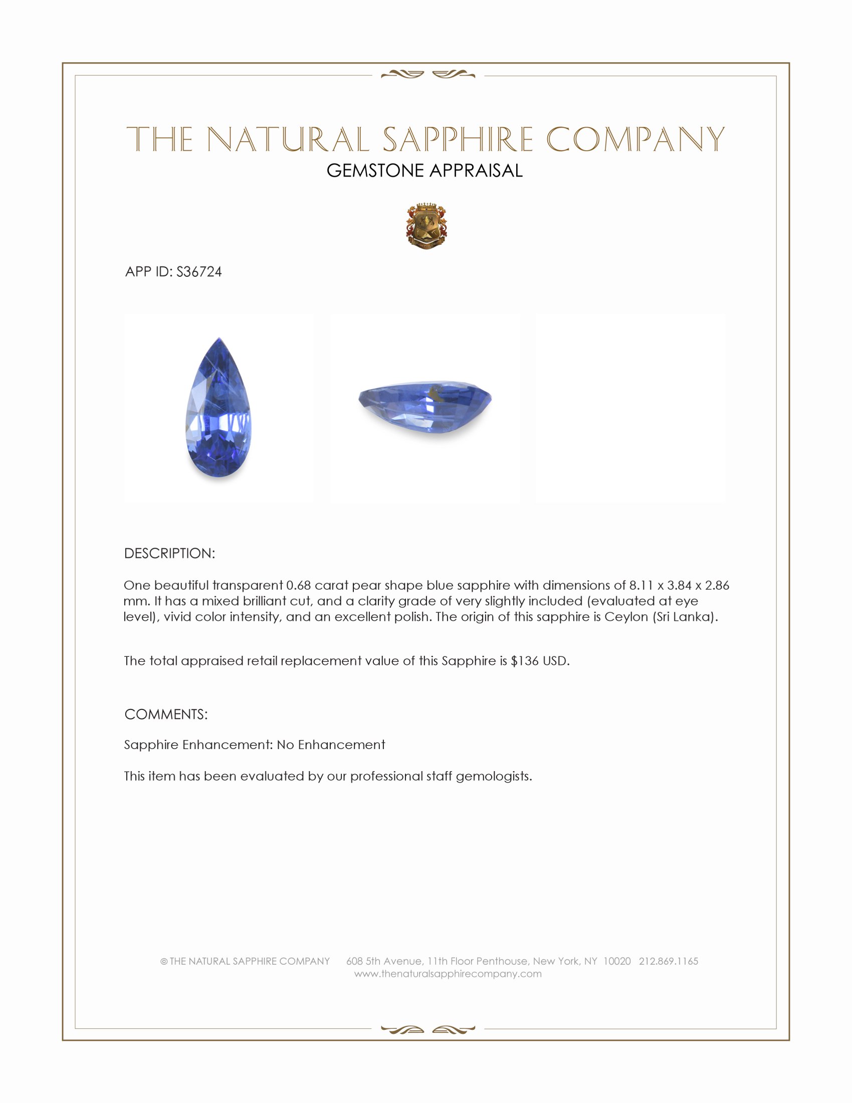 0.68 Ct. Blue Sapphire from Ceylon (Sri Lanka)