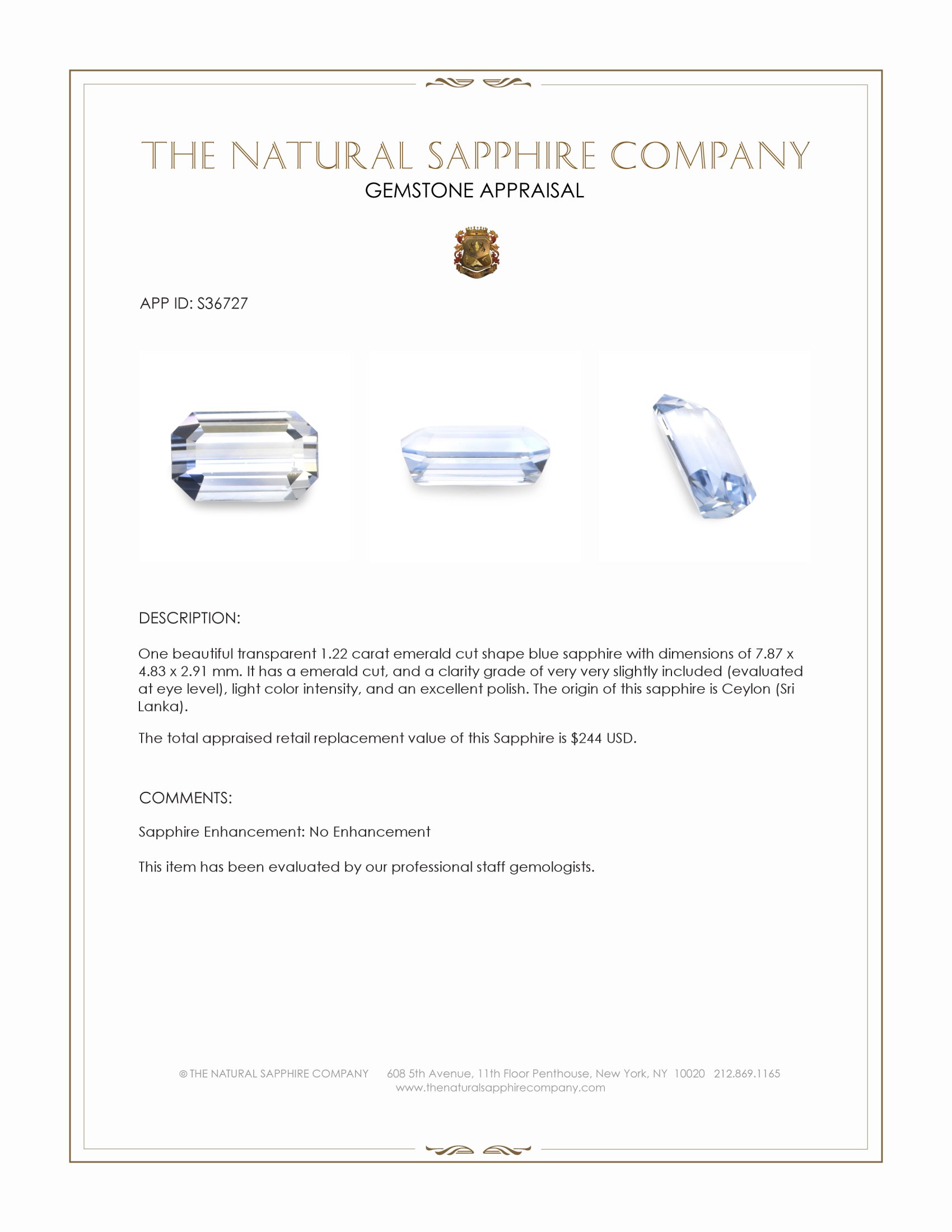 1.22 Ct. Blue Sapphire from Ceylon (Sri Lanka)