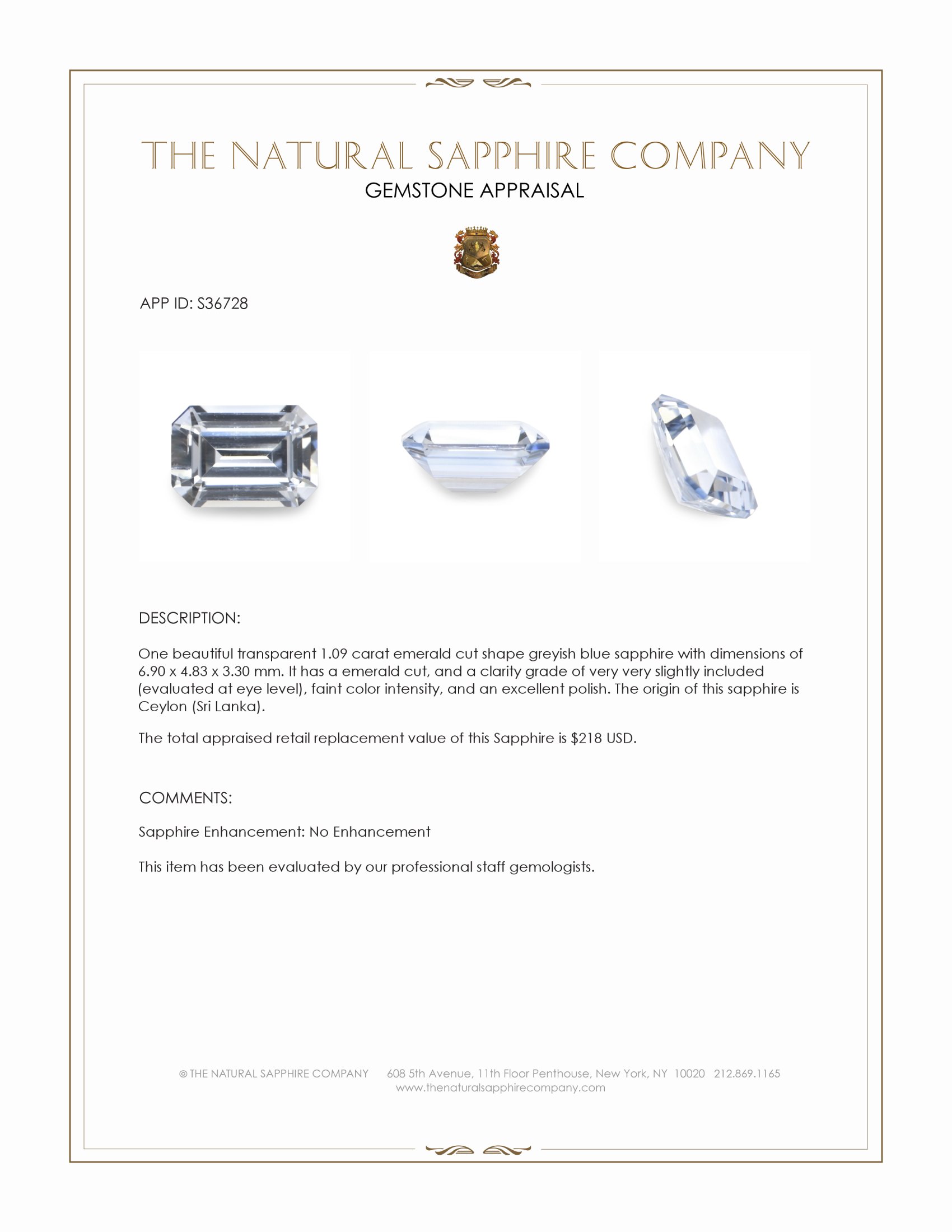 1.09 Ct. Greyish Blue Sapphire from Ceylon (Sri Lanka)