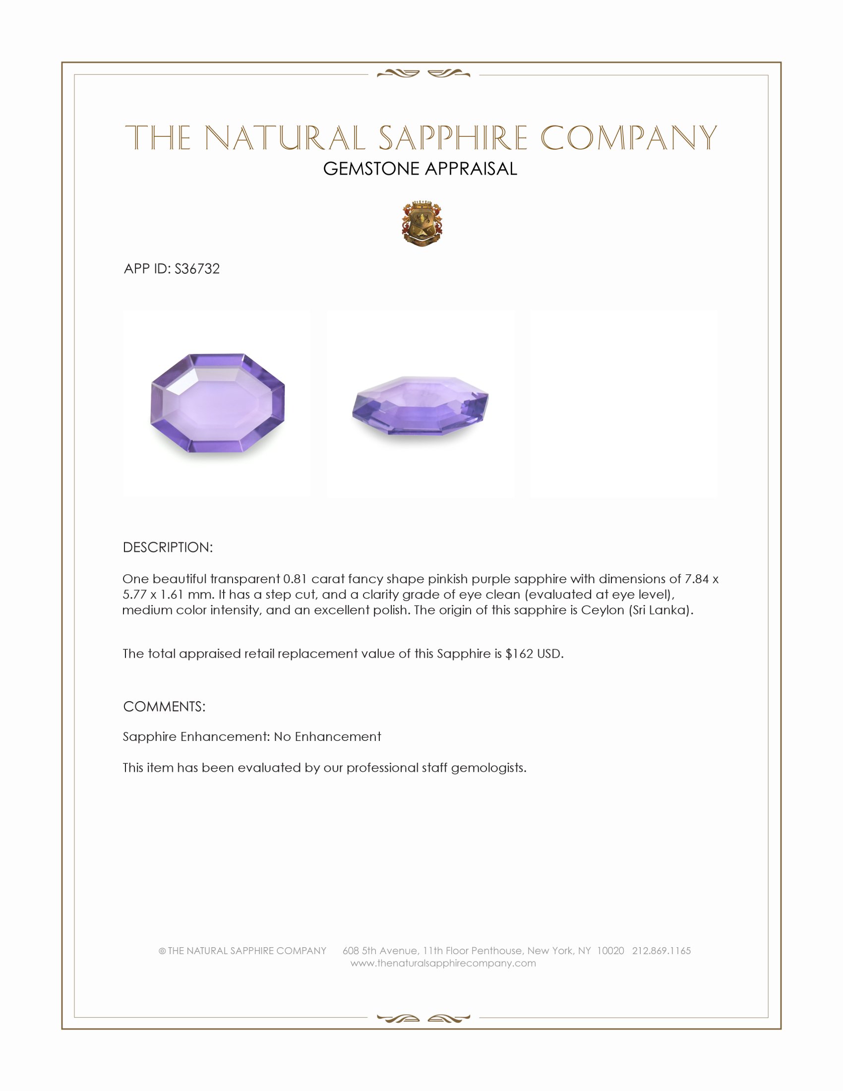 0.81 Ct. Pinkish Purple Sapphire from Ceylon (Sri Lanka)