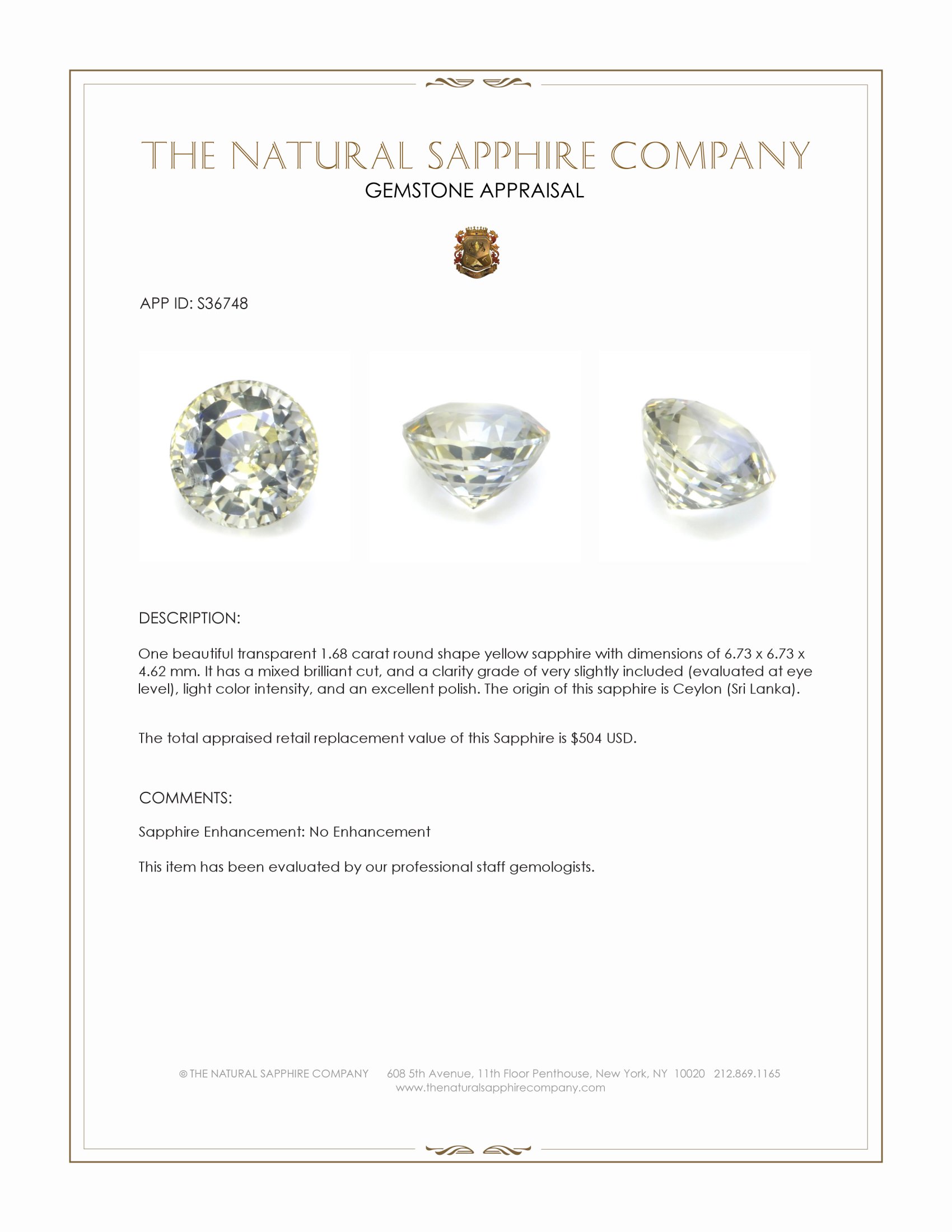 1.68 Ct. Yellow Sapphire from Ceylon (Sri Lanka)