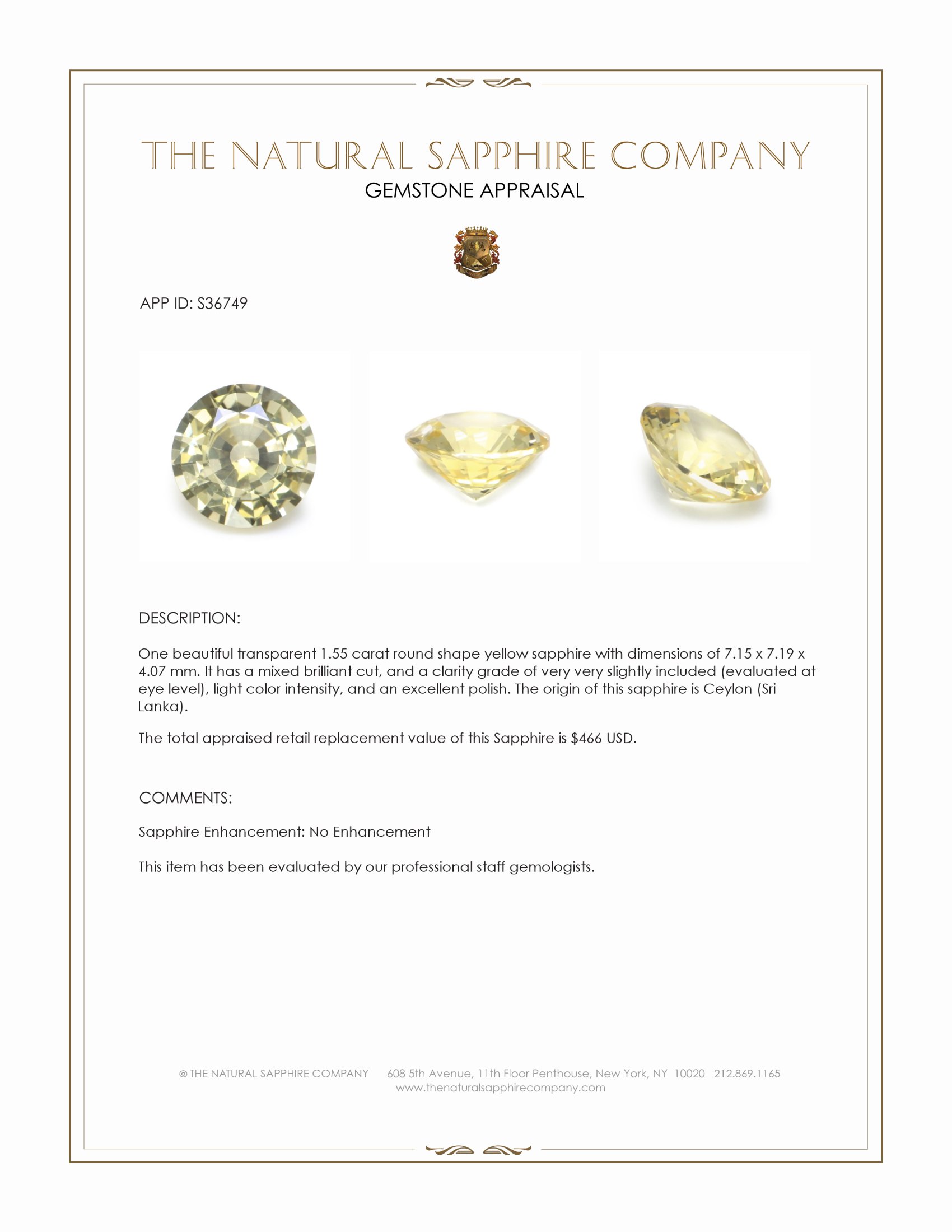 1.55 Ct. Yellow Sapphire from Ceylon (Sri Lanka)