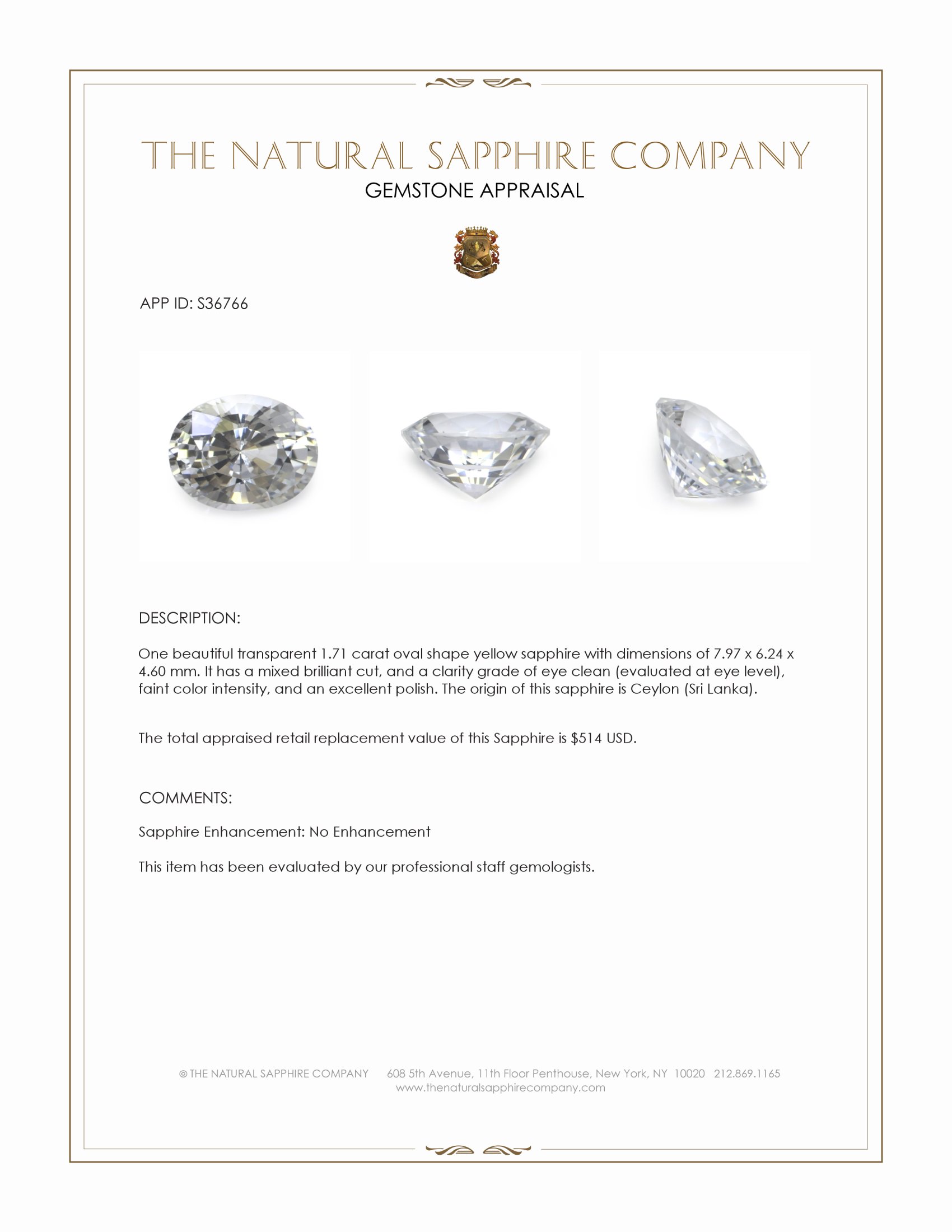 1.71 Ct. Yellow Sapphire from Ceylon (Sri Lanka)
