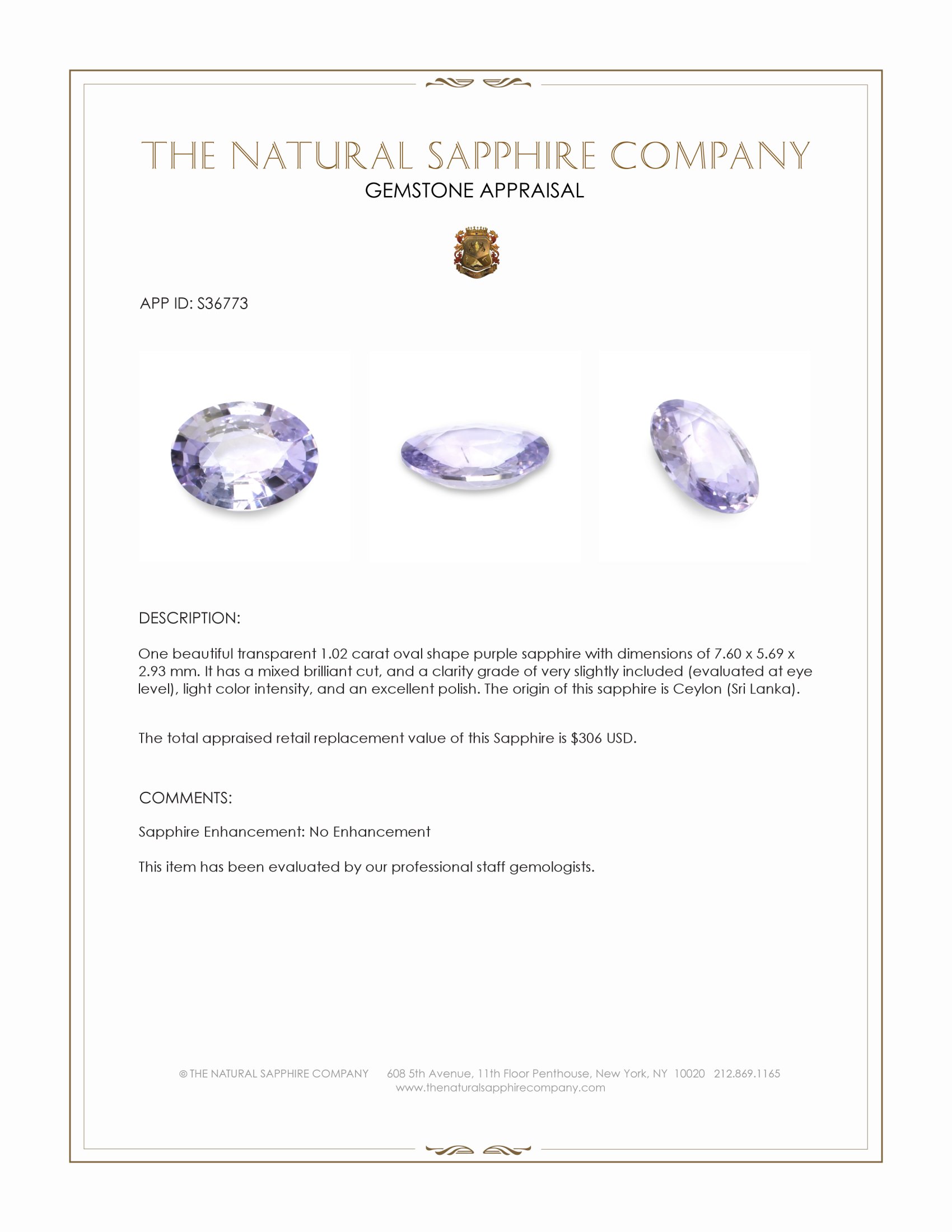 1.02 Ct. Purple Sapphire from Ceylon (Sri Lanka)