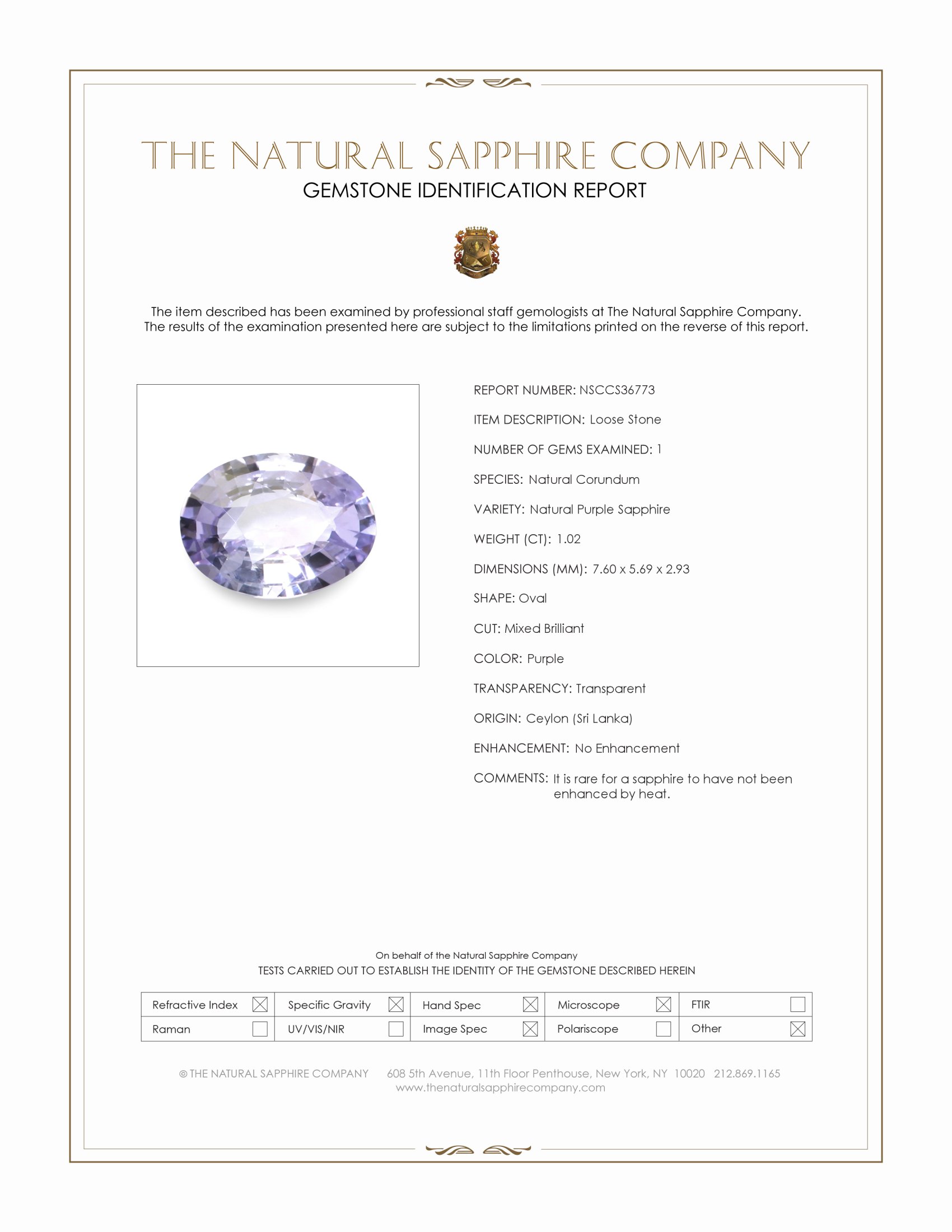 1.02 Ct. Purple Sapphire from Ceylon (Sri Lanka)