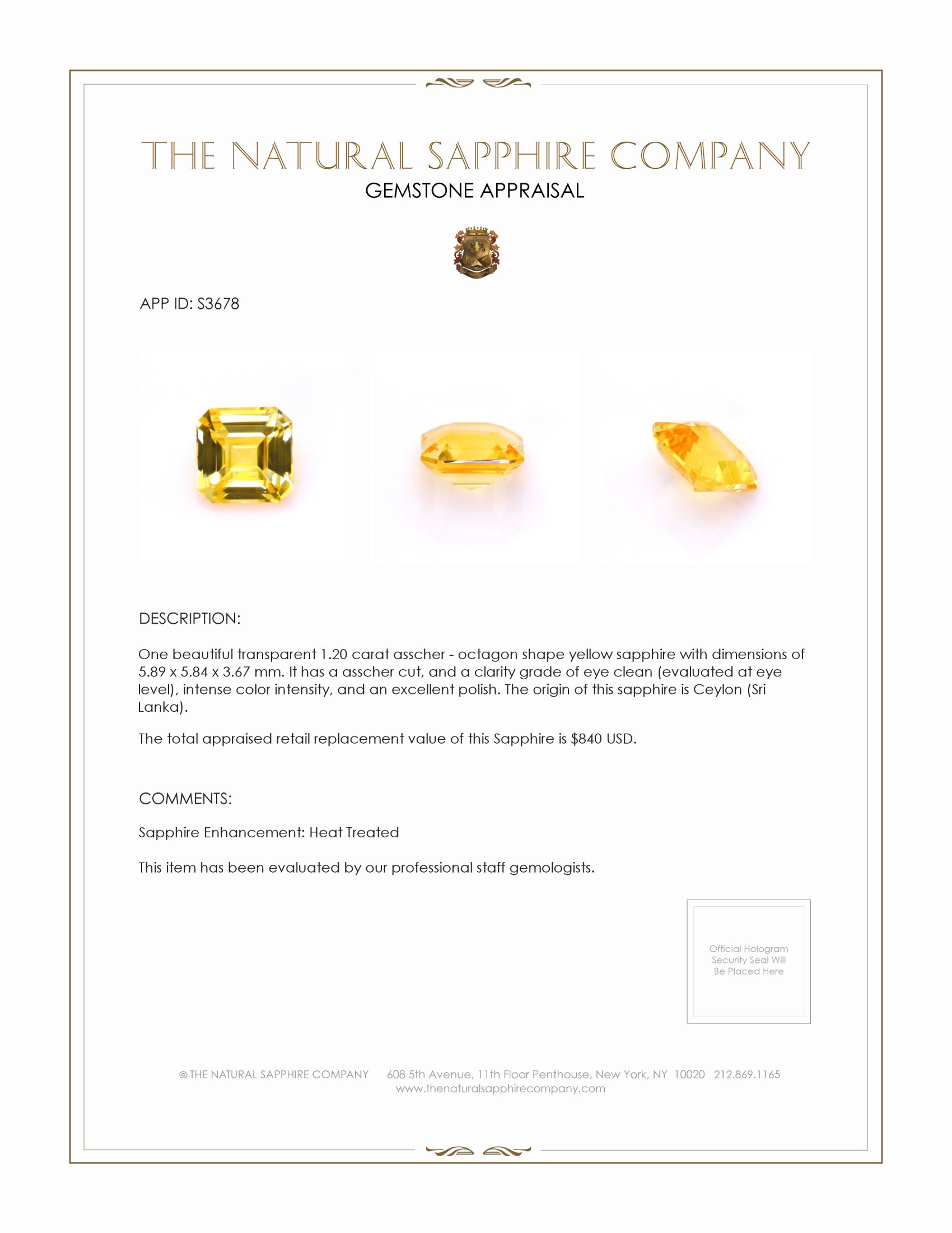 1.20 Ct. Yellow Sapphire from Ceylon (Sri Lanka)