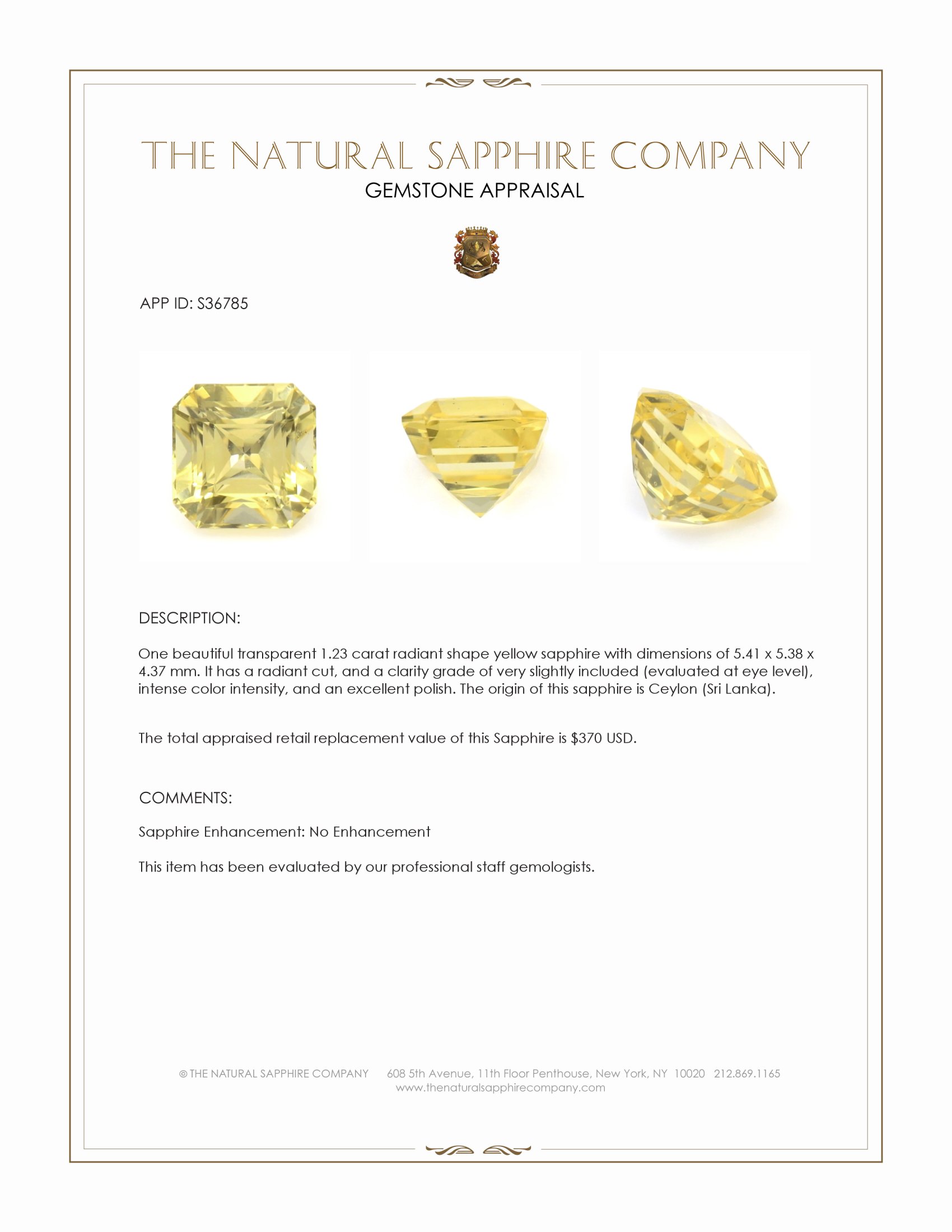 1.23 Ct. Yellow Sapphire from Ceylon (Sri Lanka)