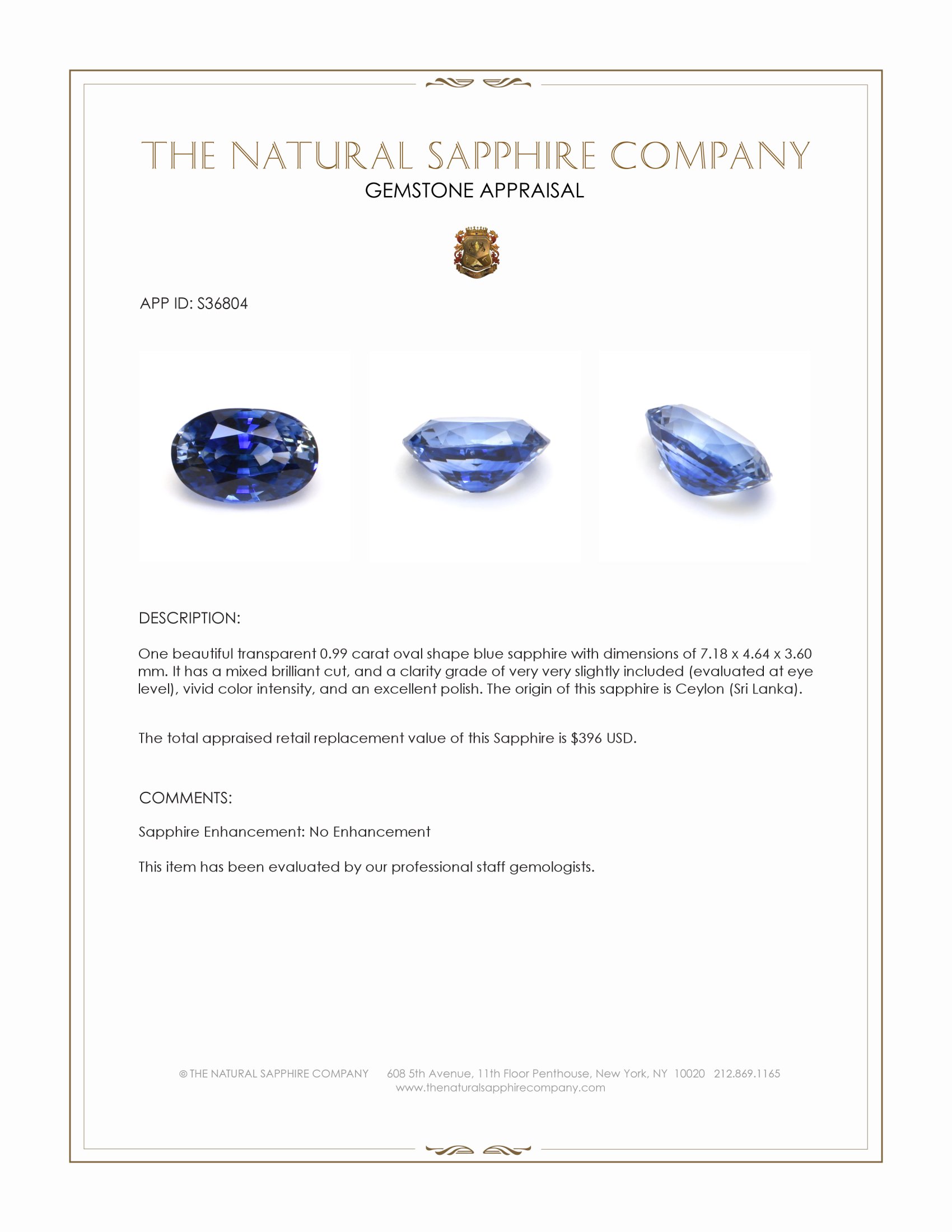 0.99 Ct. Blue Sapphire from Ceylon (Sri Lanka)