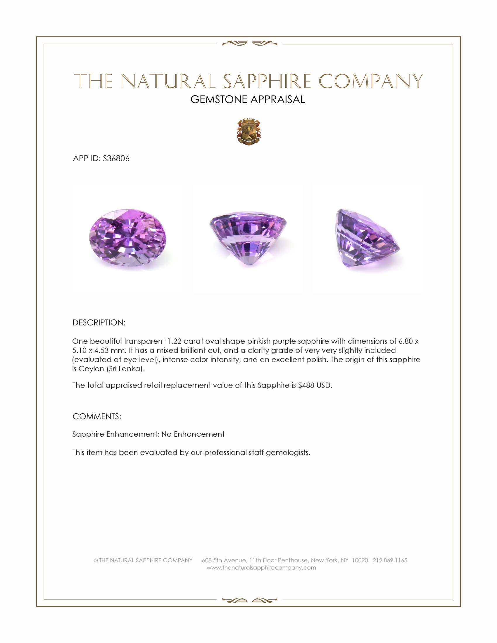 1.22 Ct. Pinkish Purple Sapphire from Ceylon (Sri Lanka)