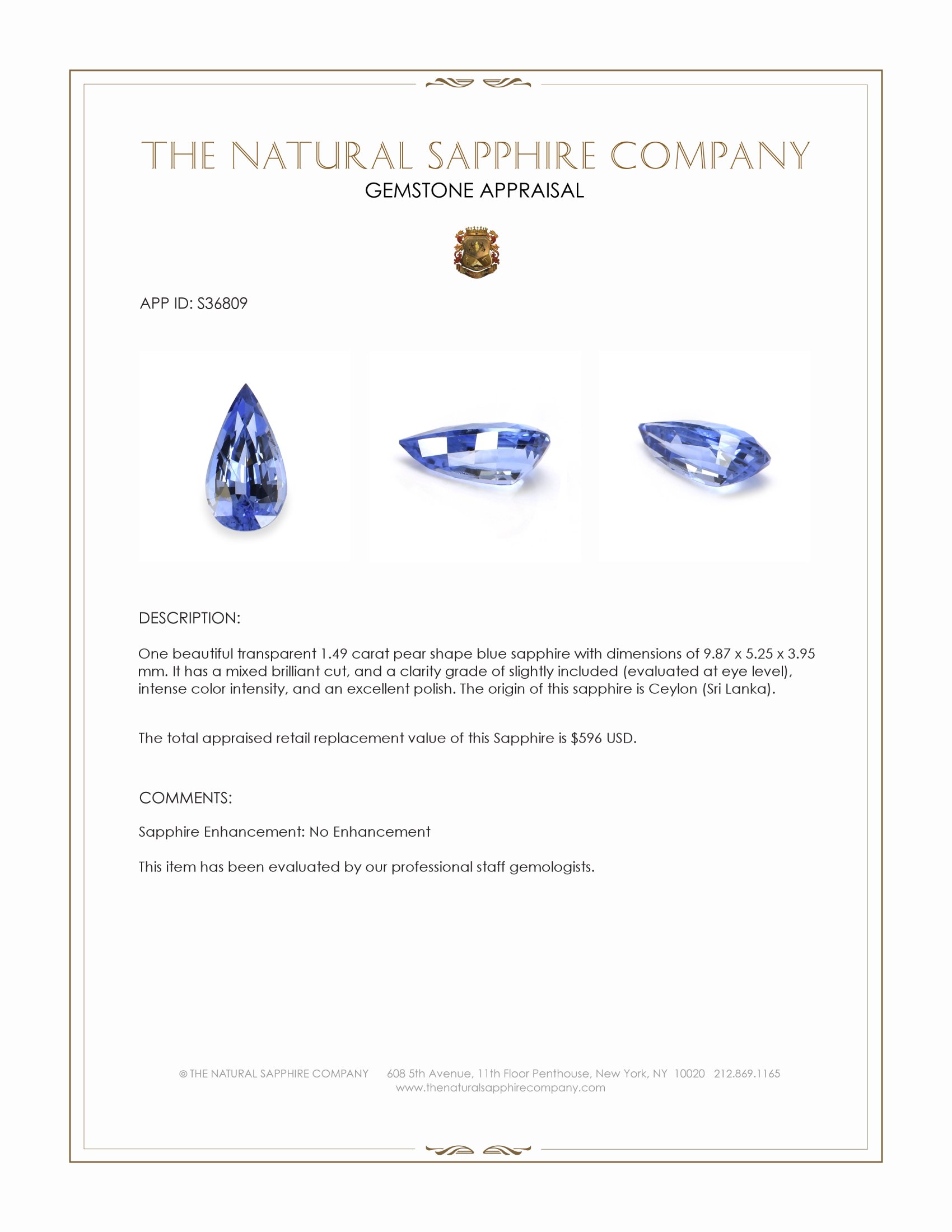 1.49 Ct. Blue Sapphire from Ceylon (Sri Lanka)