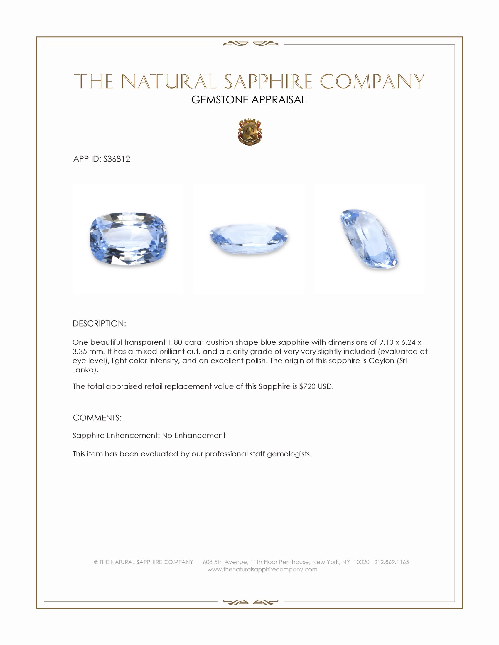1.80 Ct. Blue Sapphire from Ceylon (Sri Lanka)