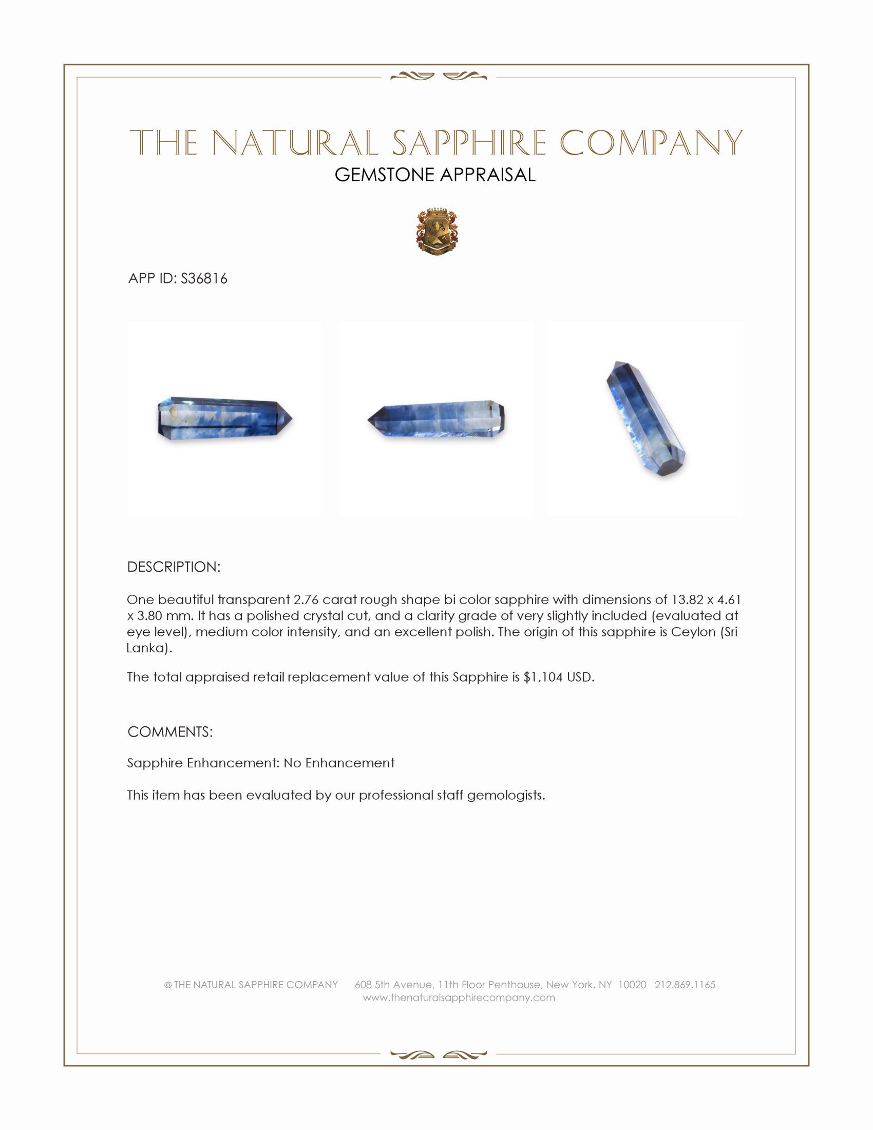 2.76 Ct. Bi Color Rough Sapphire Crystal from Ceylon (Sri Lanka)