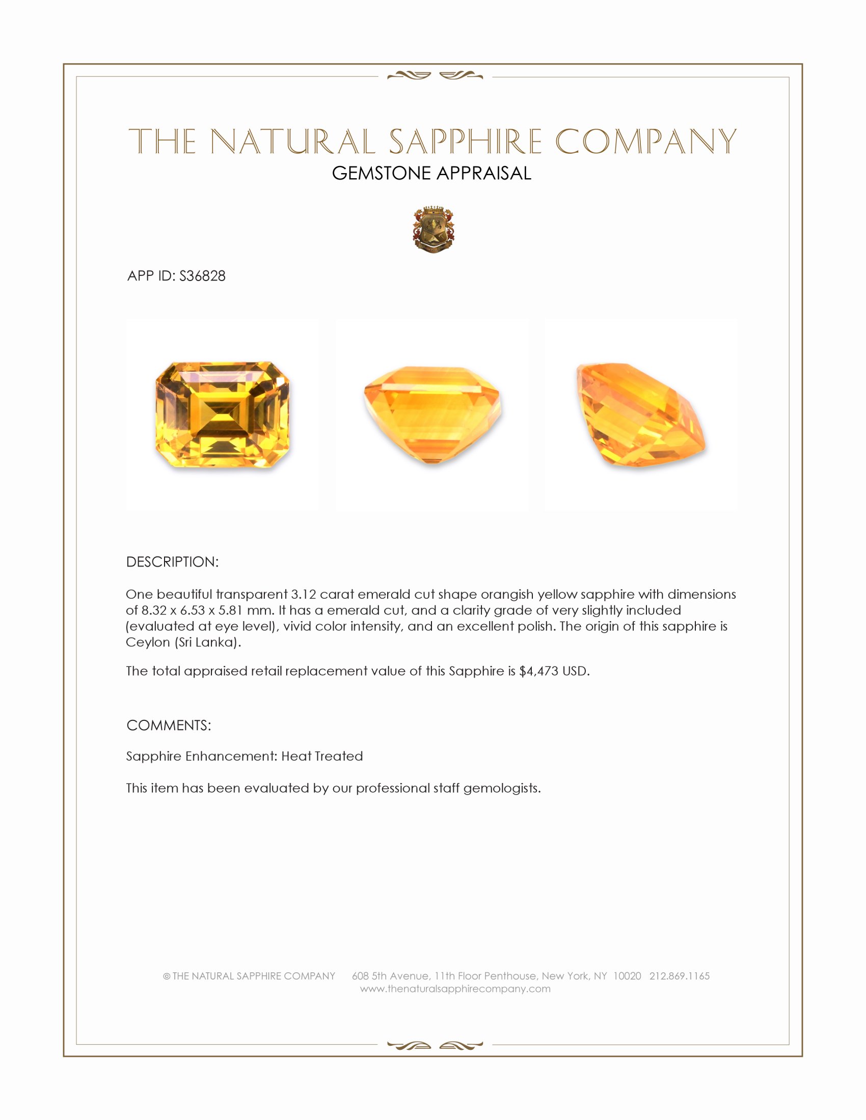 3.12 Ct. Orangish Yellow Sapphire from Ceylon (Sri Lanka)