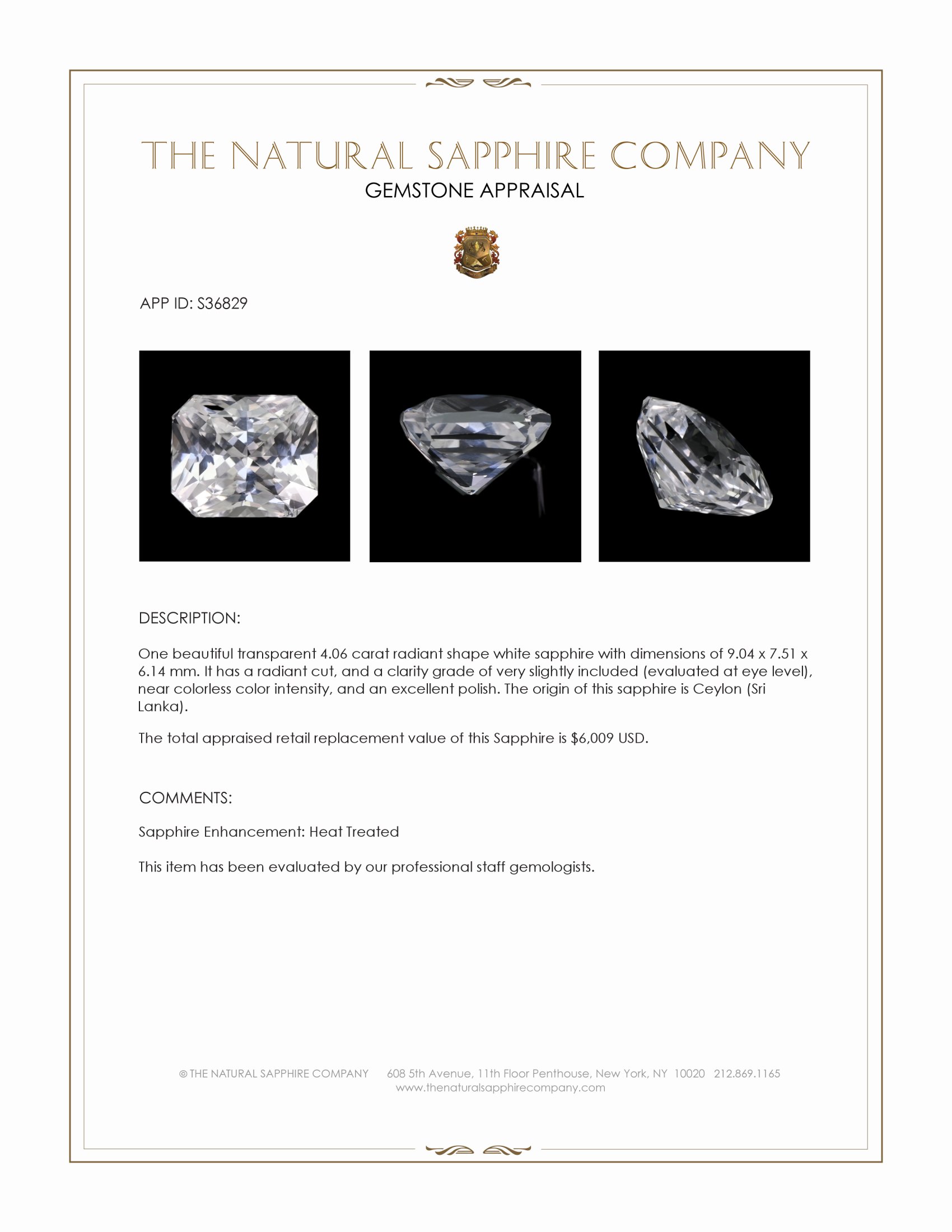 4.06 Ct. White Sapphire from Ceylon (Sri Lanka)