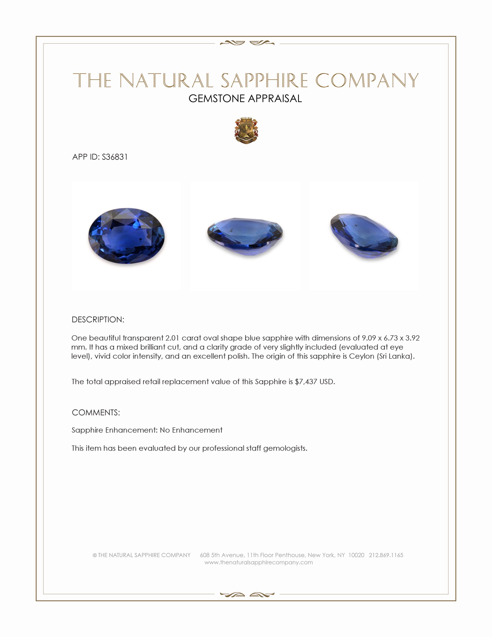 2.01 Ct. Blue Sapphire from Ceylon (Sri Lanka)