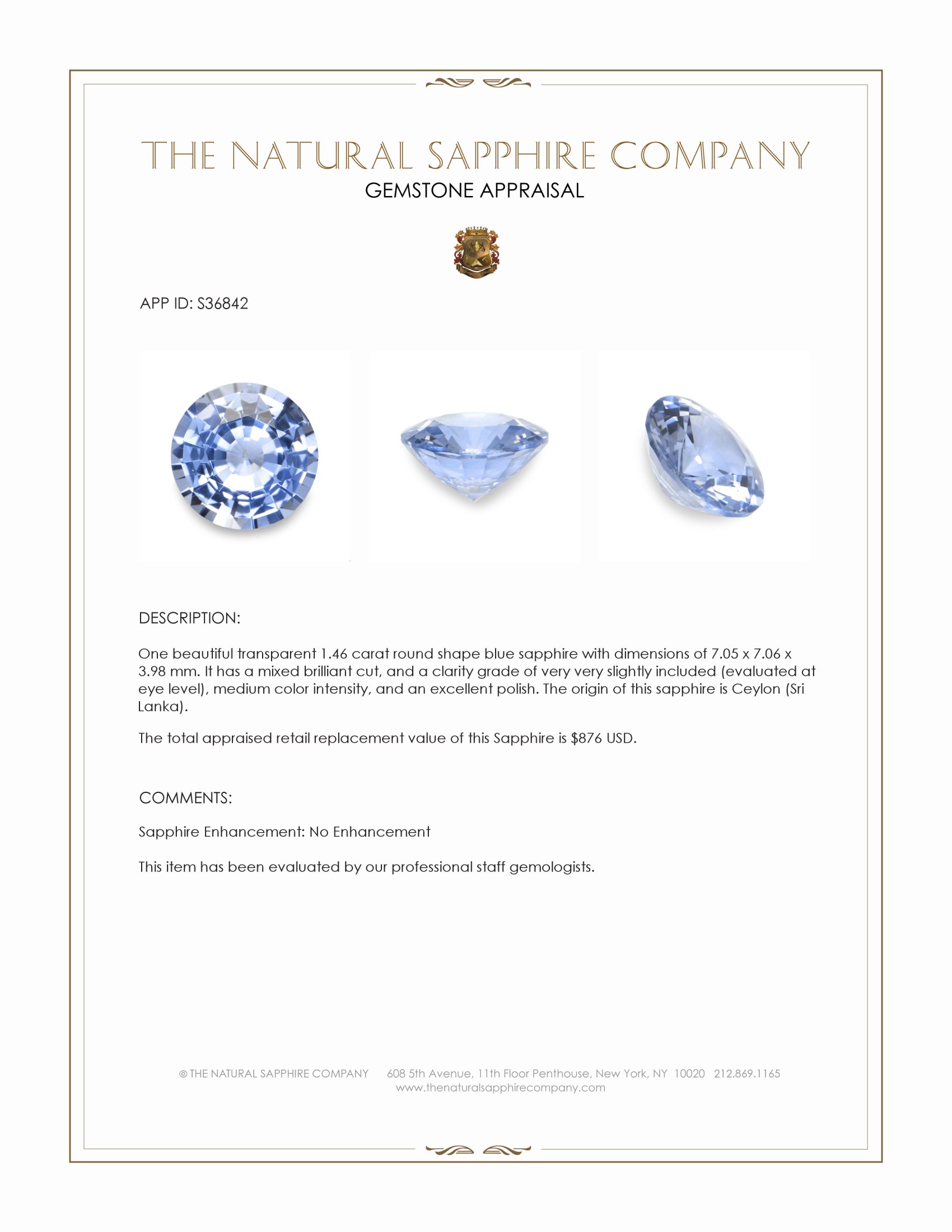 1.46 Ct. Blue Sapphire from Ceylon (Sri Lanka)