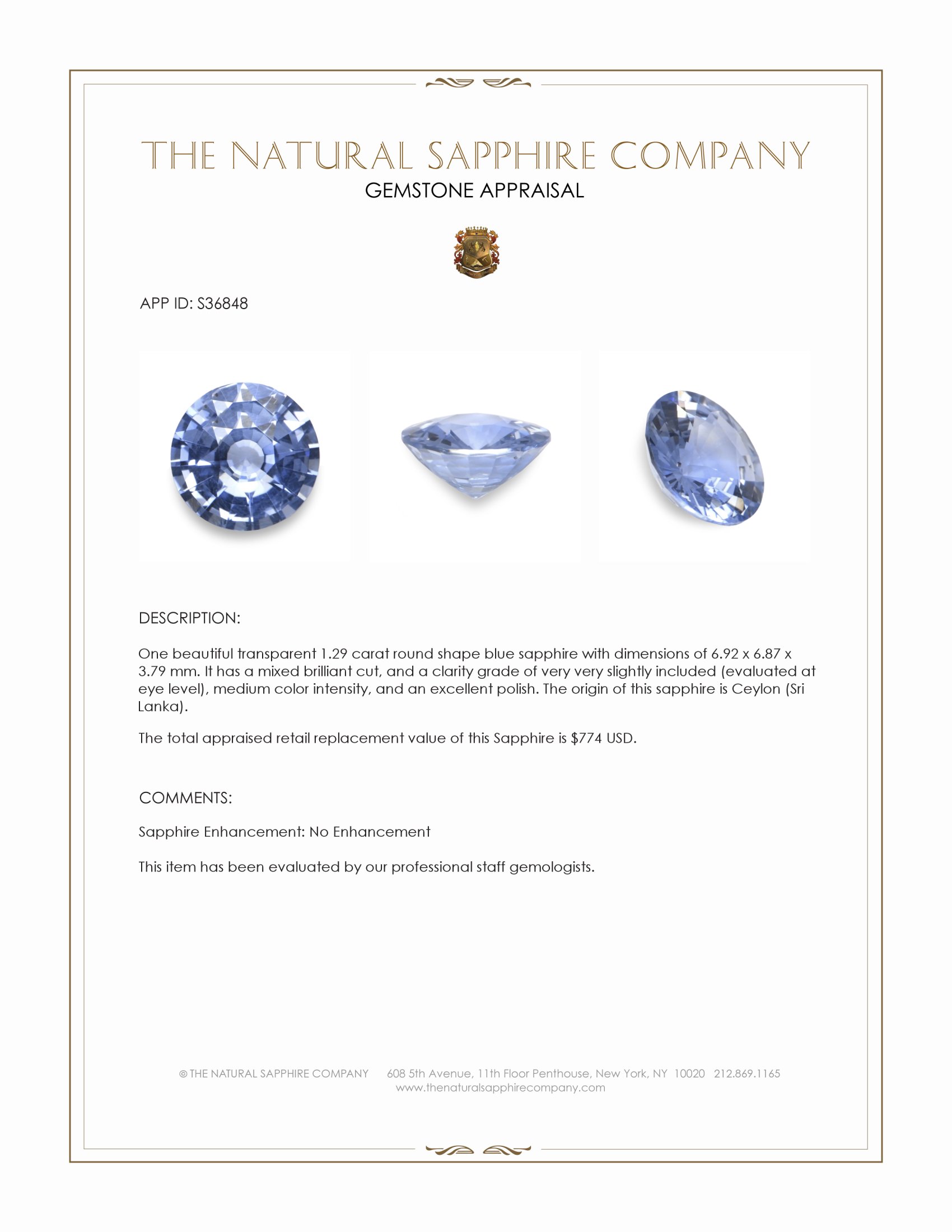 1.29 Ct. Blue Sapphire from Ceylon (Sri Lanka)