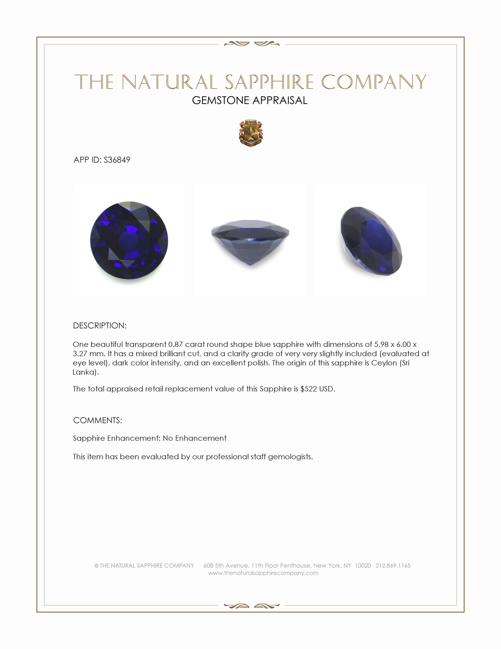 0.87 Ct. Blue Sapphire from Ceylon (Sri Lanka)