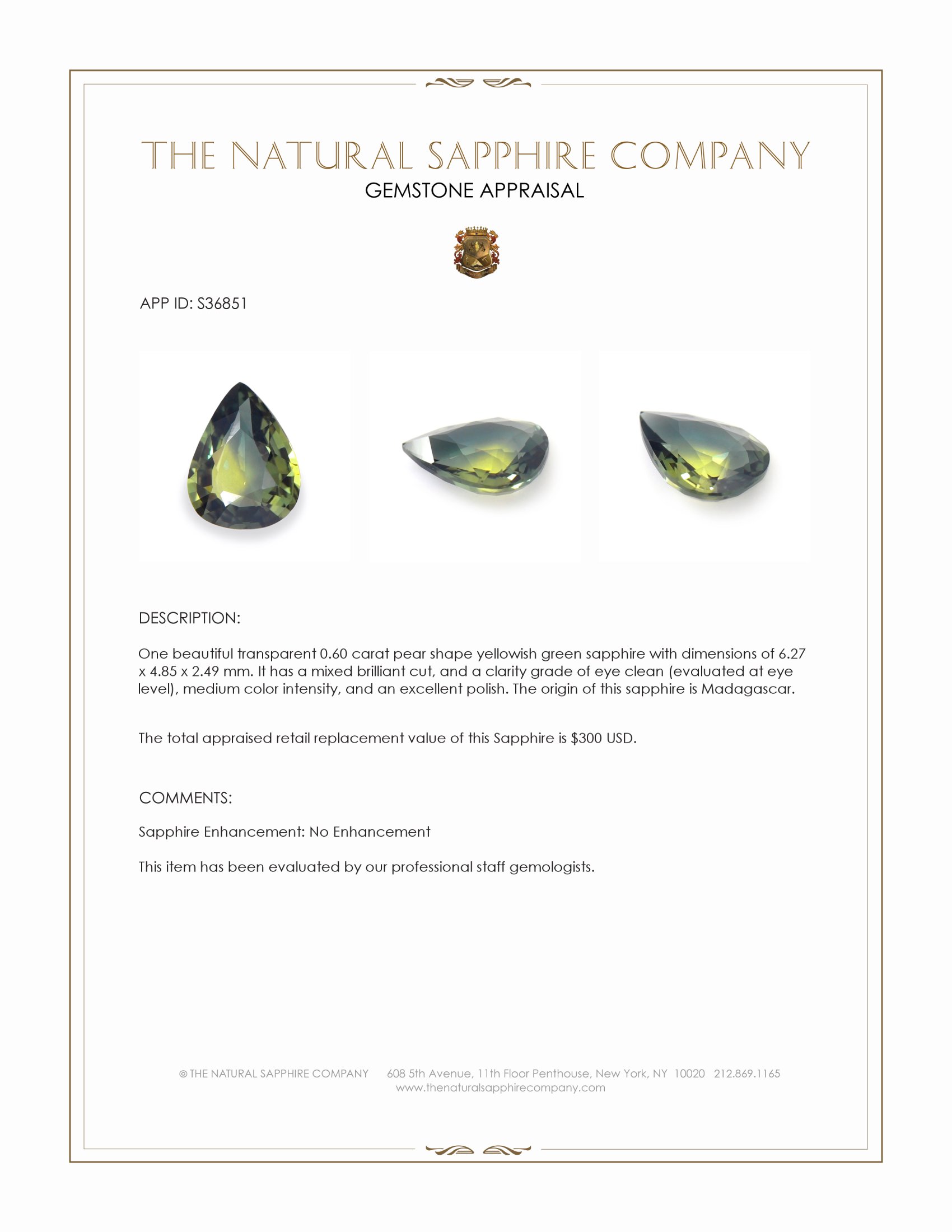 0.60 Ct. Yellowish Green Sapphire from Madagascar
