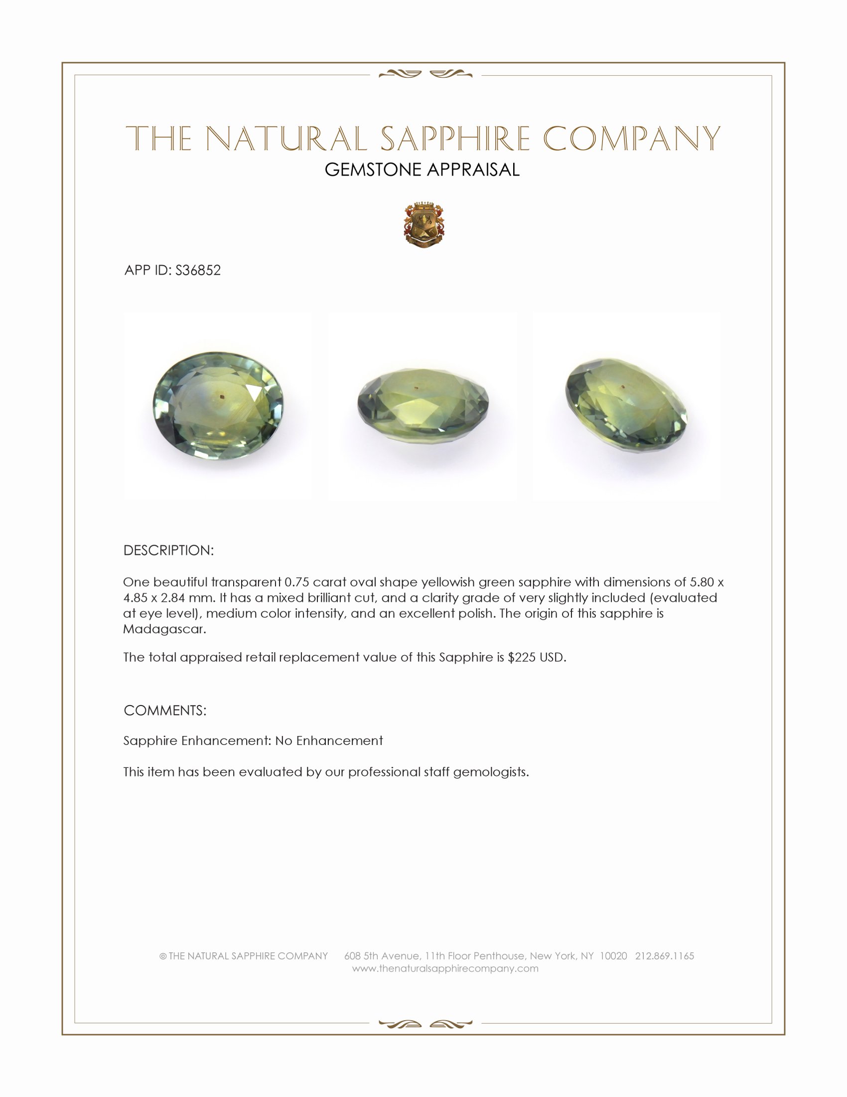 0.75 Ct. Yellowish Green Sapphire from Madagascar