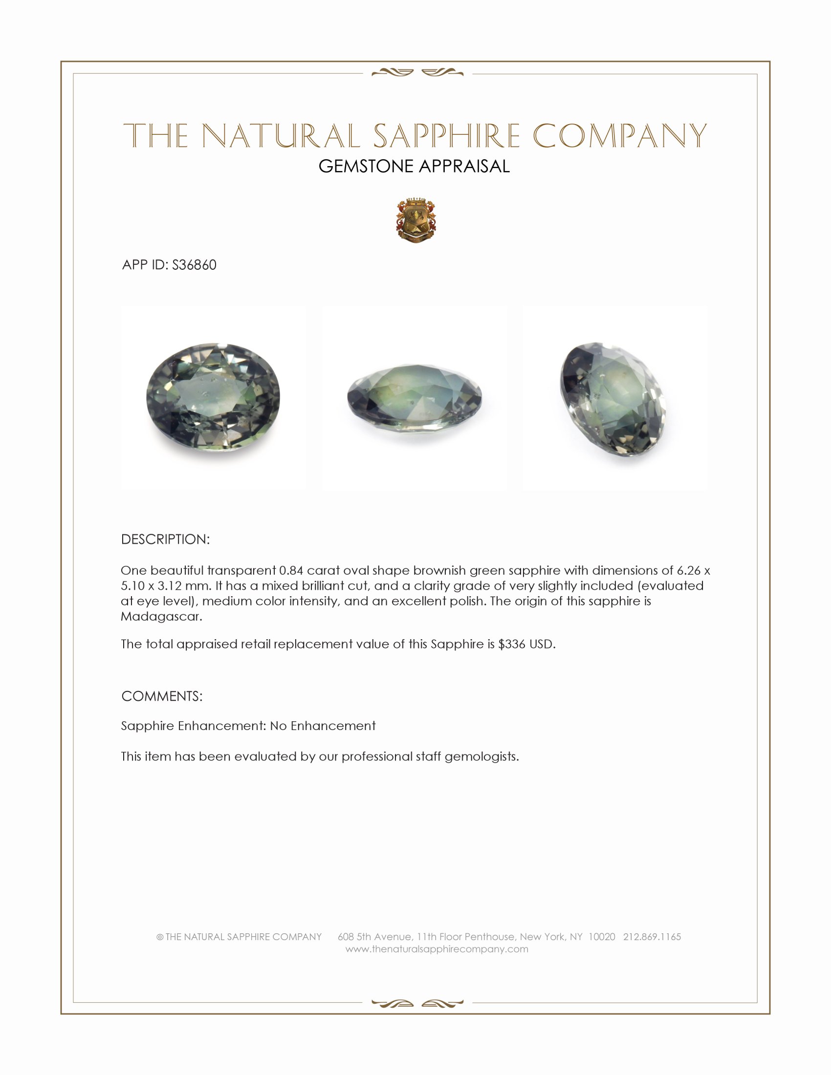 0.84 Ct. Brownish Green Sapphire from Madagascar