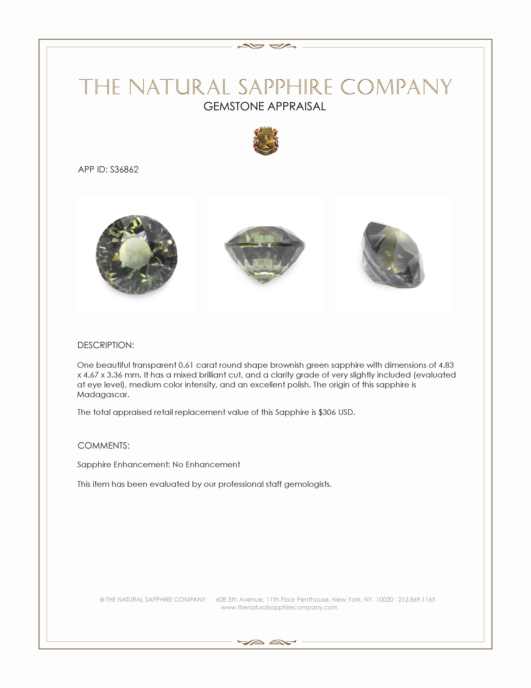 0.61 Ct. Brownish Green Sapphire from Madagascar