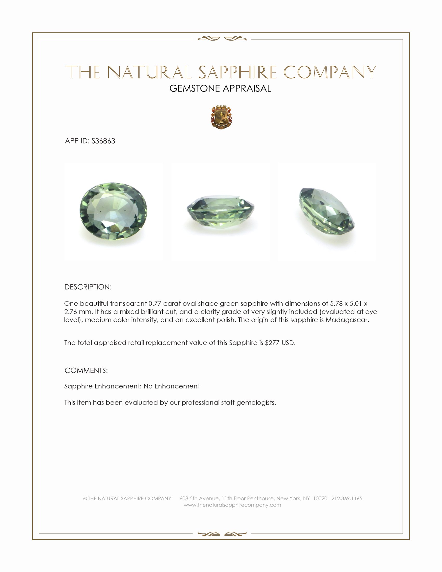 0.77 Ct. Green Sapphire from Madagascar
