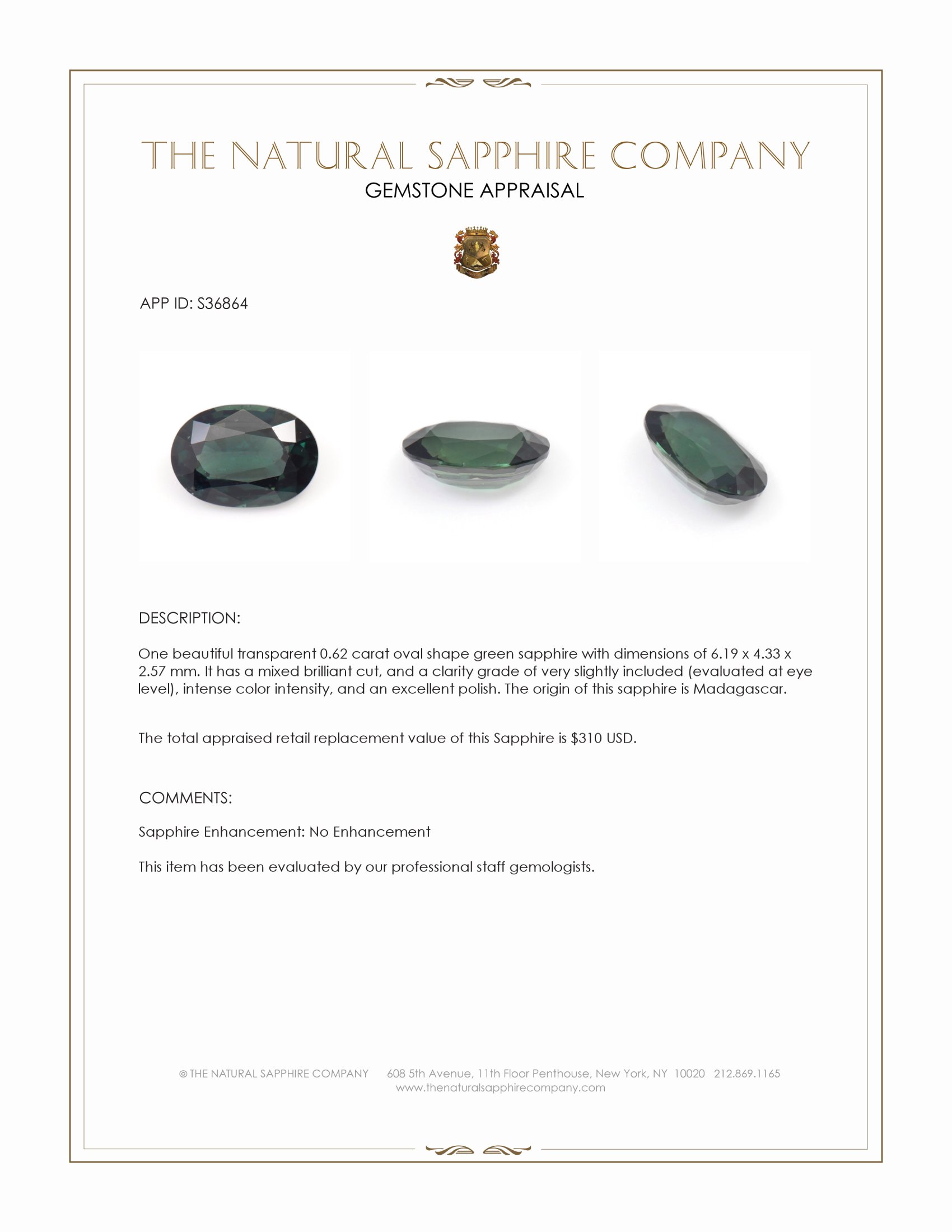 0.62 Ct. Green Sapphire from Madagascar