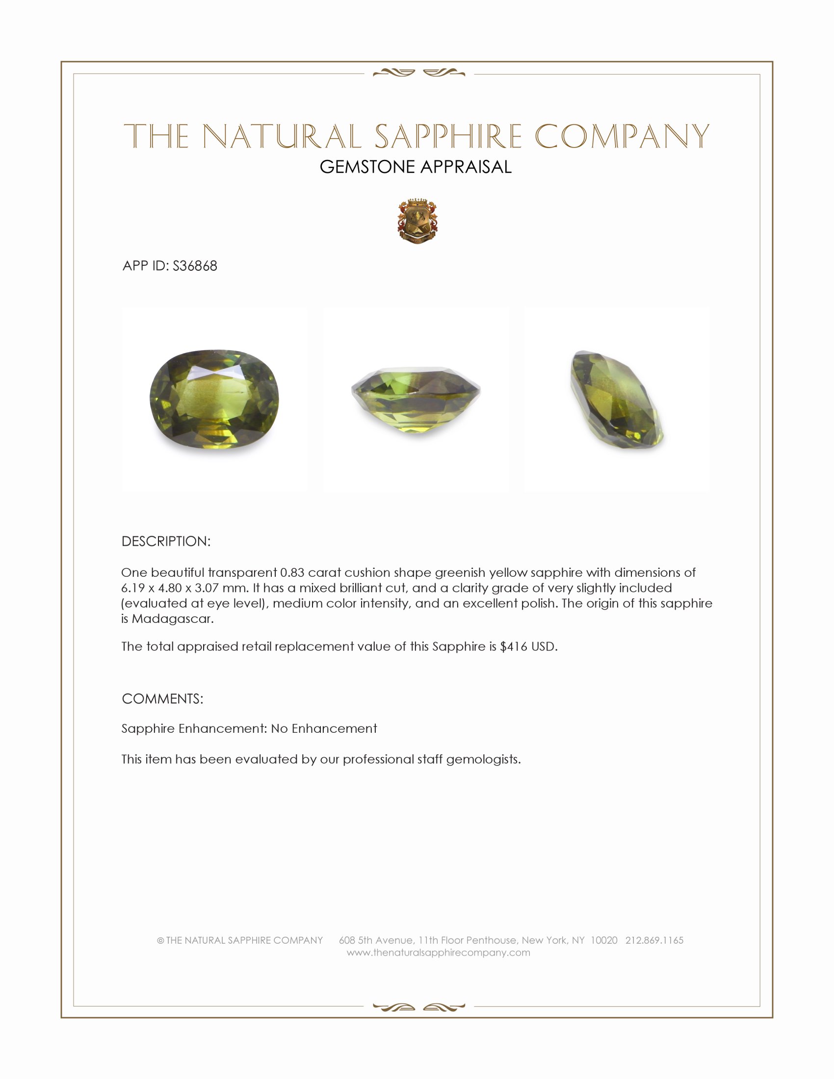 0.83 Ct. Greenish Yellow Sapphire from Madagascar
