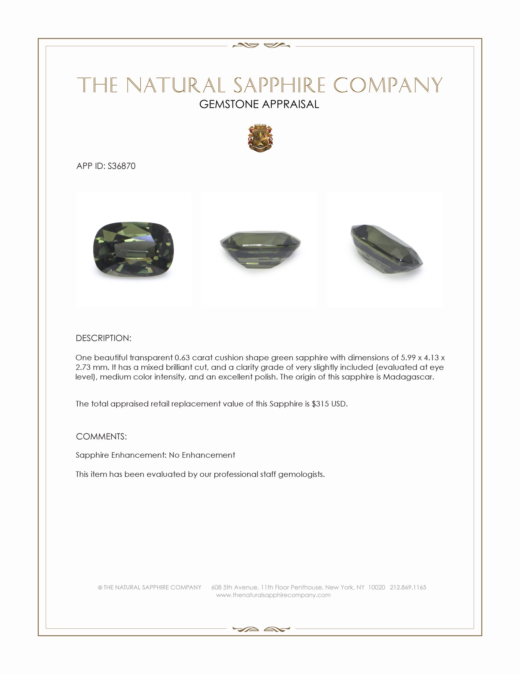 0.63 Ct. Green Sapphire from Madagascar