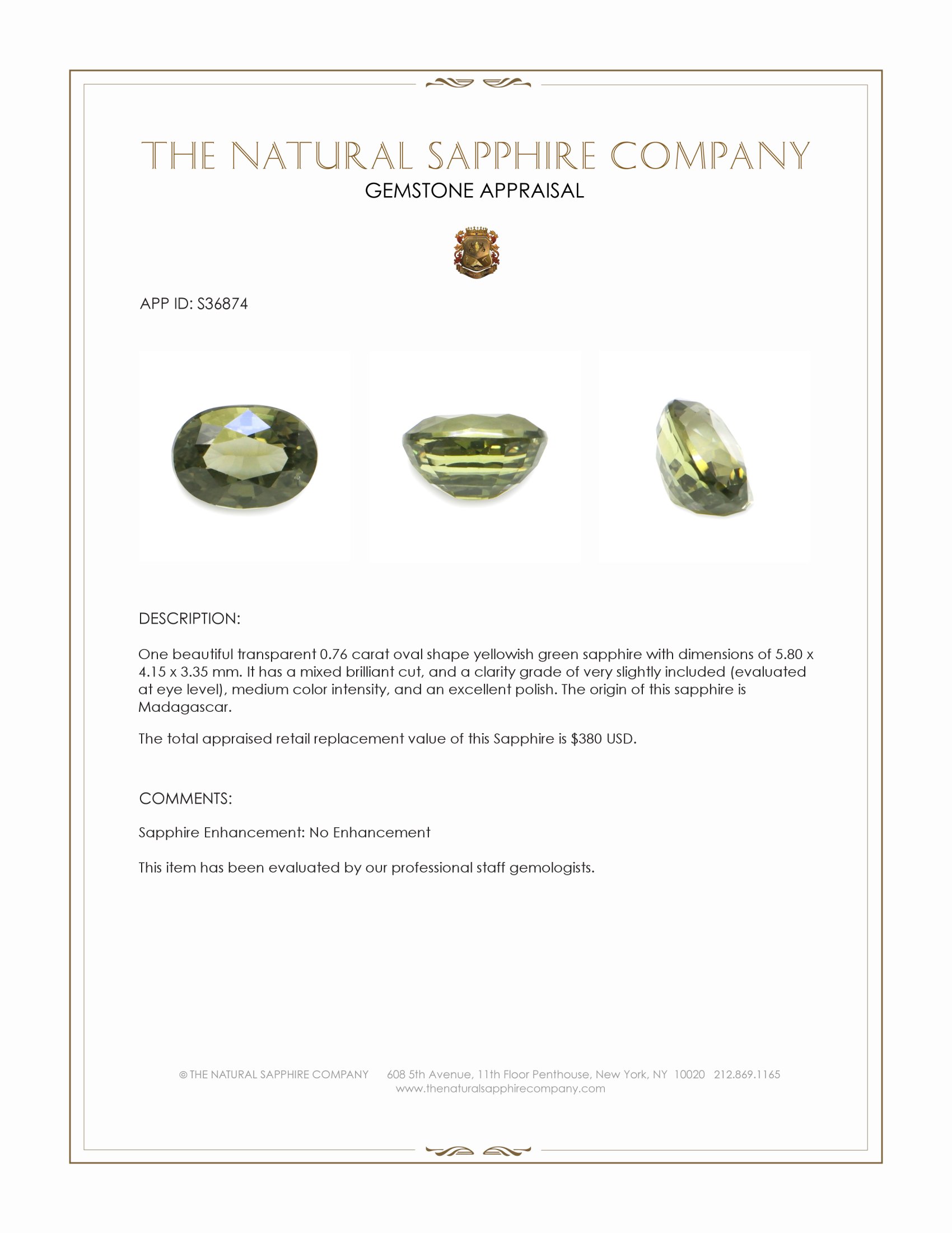 0.76 Ct. Yellowish Green Sapphire from Madagascar