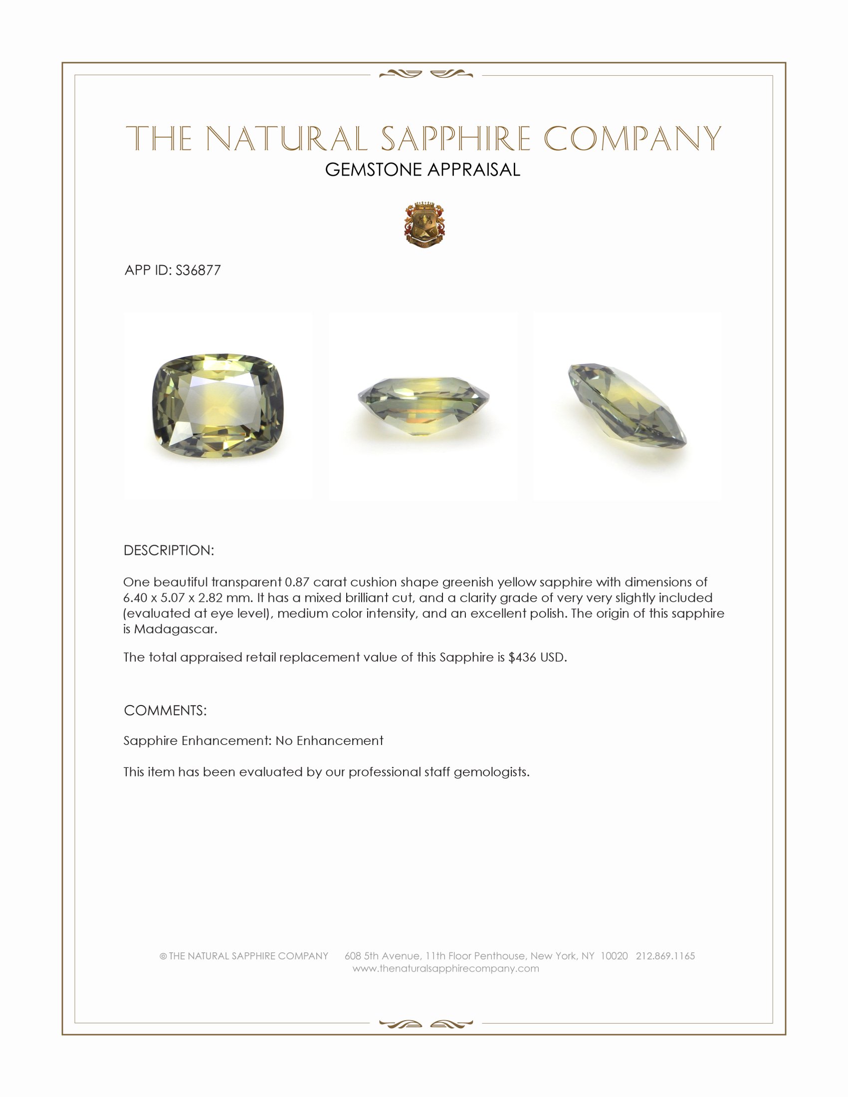 0.87 Ct. Greenish Yellow Sapphire from Madagascar