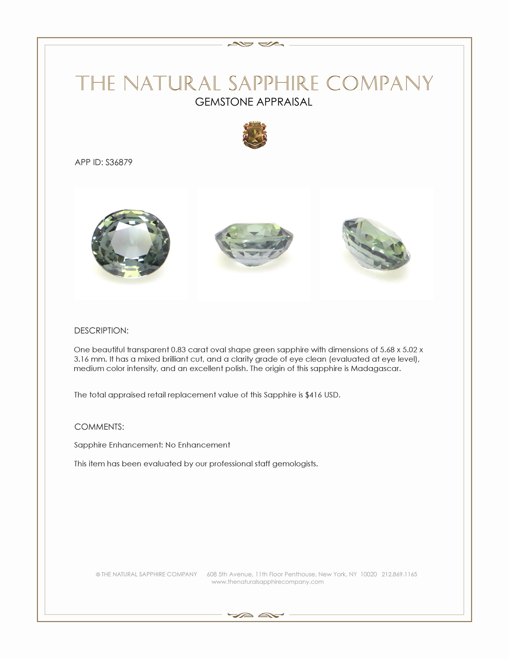 0.83 Ct. Green Sapphire from Madagascar
