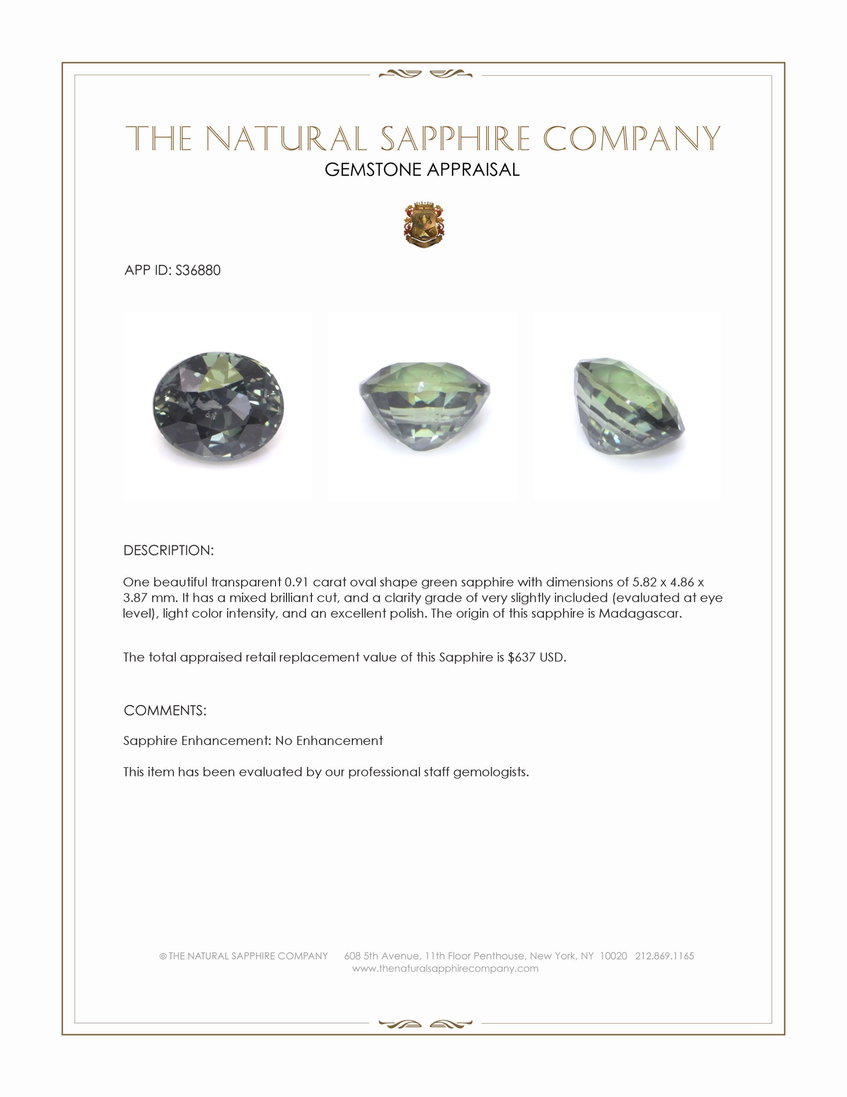 0.91 Ct. Green Sapphire from Madagascar