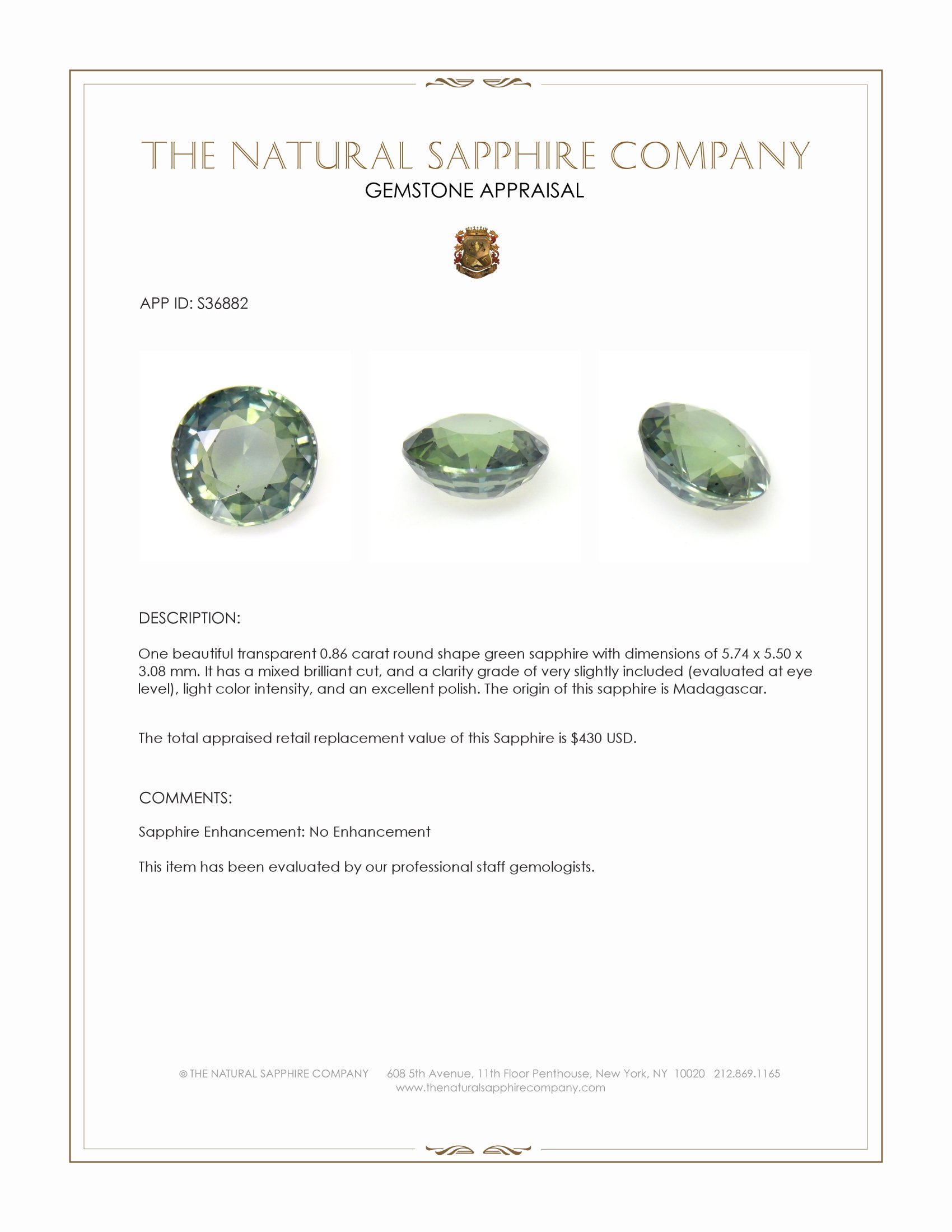 0.86 Ct. Green Sapphire from Madagascar