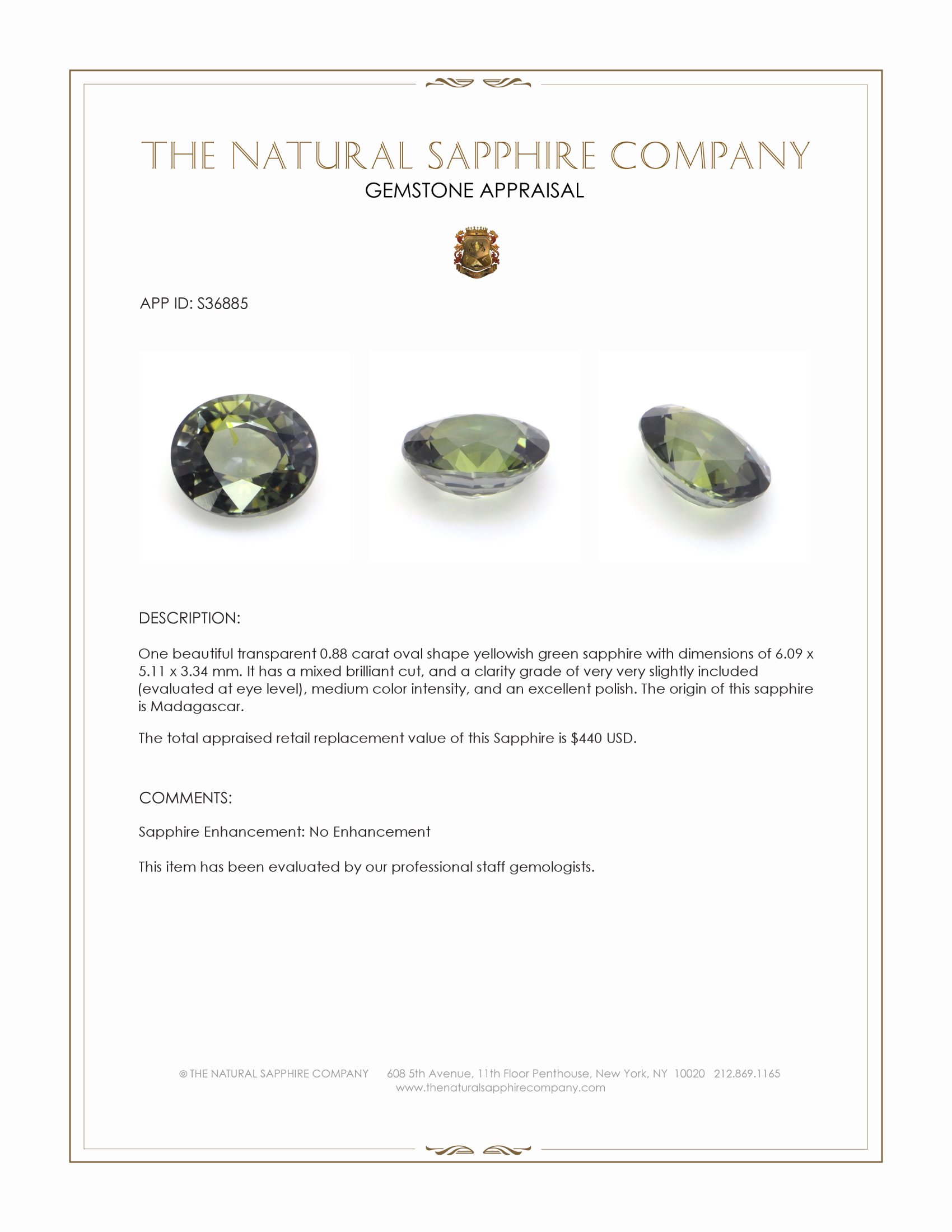 0.88 Ct. Yellowish Green Sapphire from Madagascar
