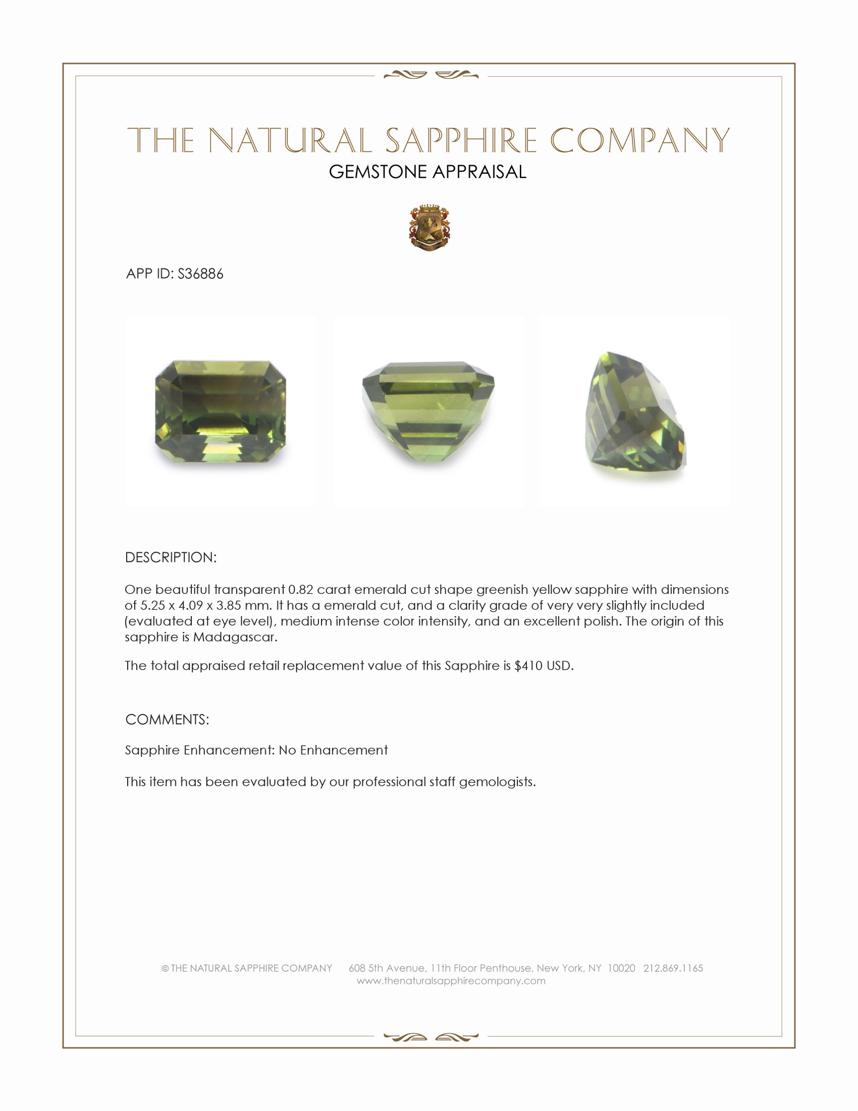 0.82 Ct. Greenish Yellow Sapphire from Madagascar