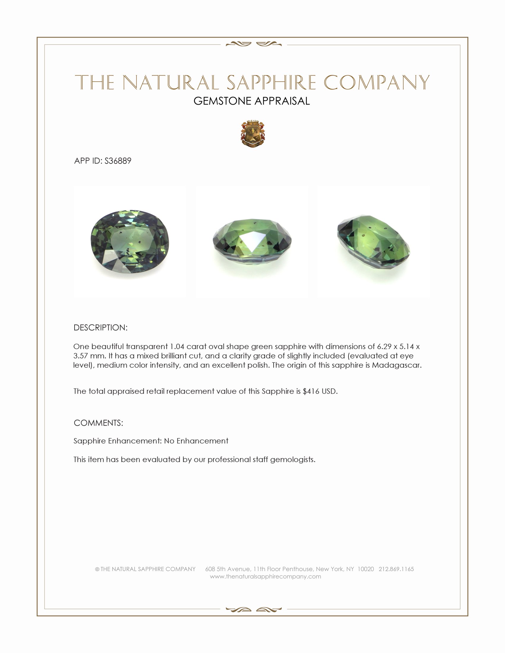 1.04 Ct. Green Sapphire from Madagascar
