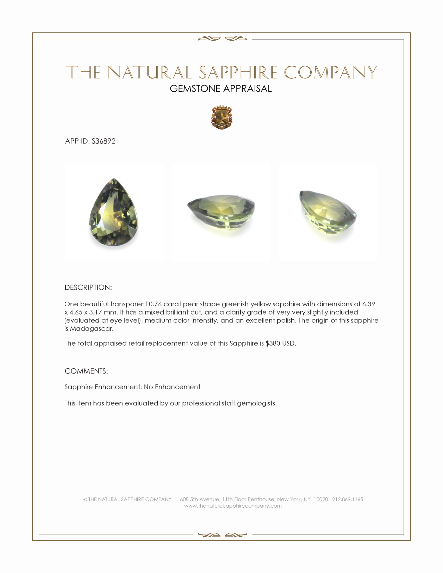 0.76 Ct. Greenish Yellow Sapphire from Madagascar