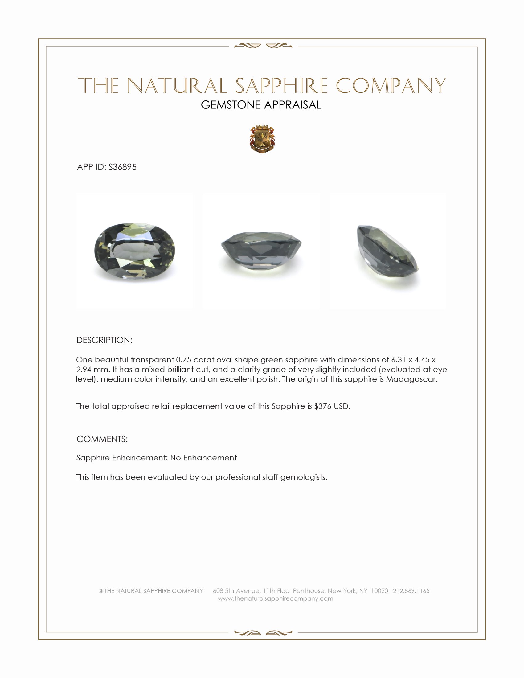 0.75 Ct. Green Sapphire from Madagascar